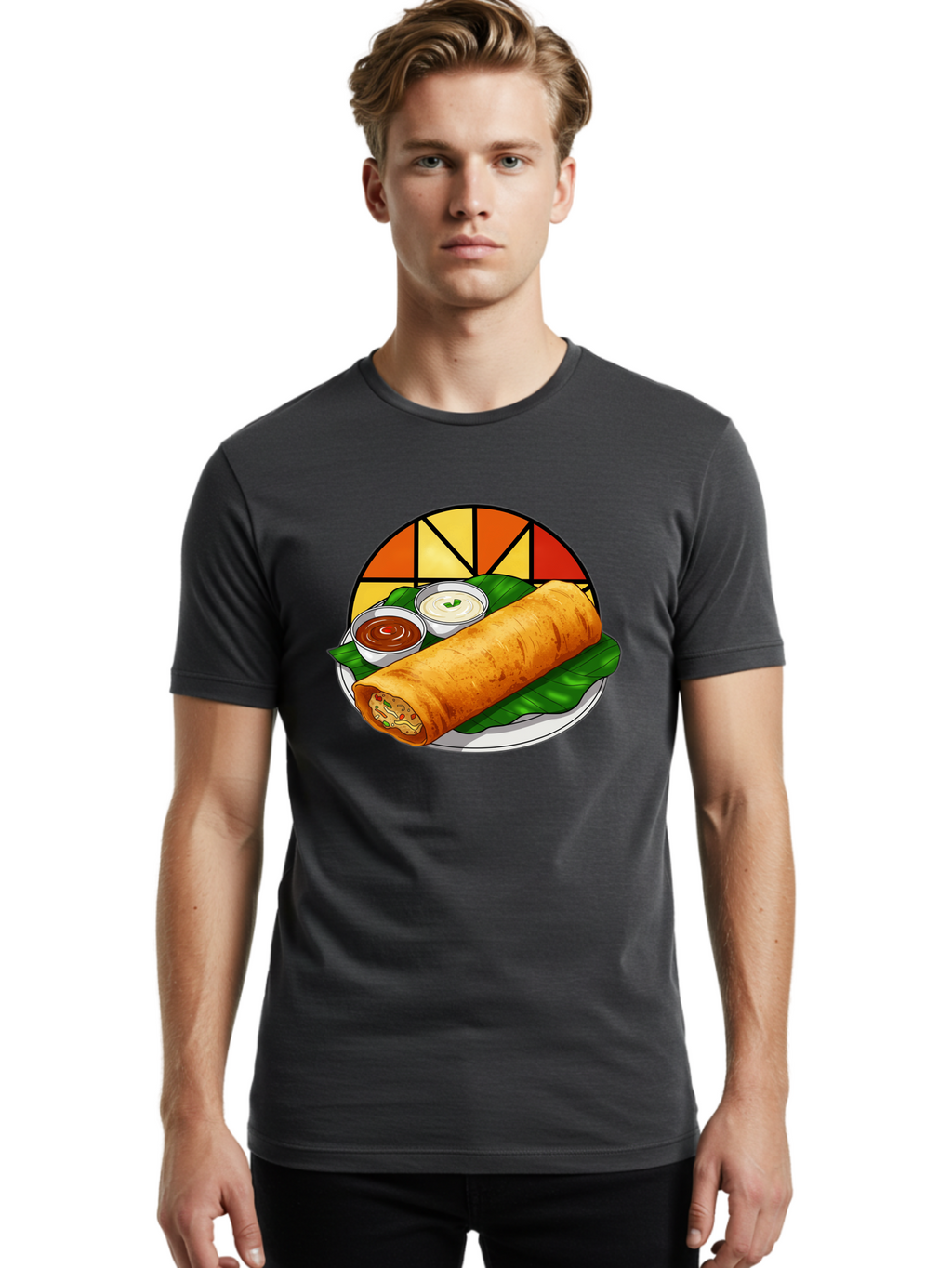 Masala-Dosa-14 Men'S Graphic Tee, 100% Cotton, Comfortable Casual Summer Wear, Machine Washable, South Indian Cuisine, Traditional Dosa, Masala Filling, Chutney, Sambar, Indian Breakfast, Fermented Rice Crepe, Delicious Meal, Baa975
