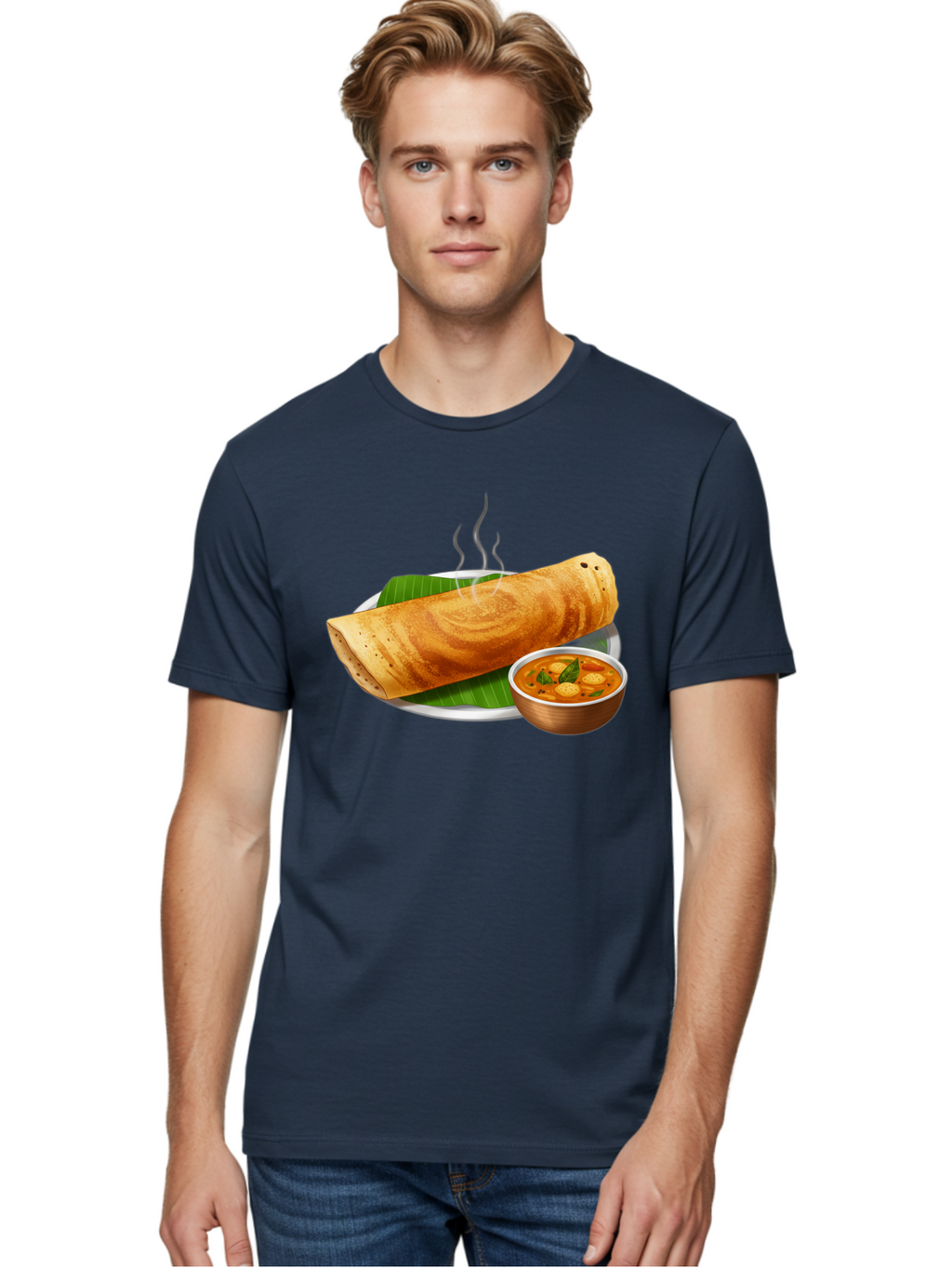 Masala-Dosa-9 Men'S Graphic Tee, 100% Cotton, Comfortable Casual Summer Wear, Machine Washable, South Indian Cuisine, Traditional Breakfast, Dosa And Sambar, Indian Food, Savory Crepe, Spicy Curry, Steaming Hot, Banana Leaf, Delicious Meal, Baa987