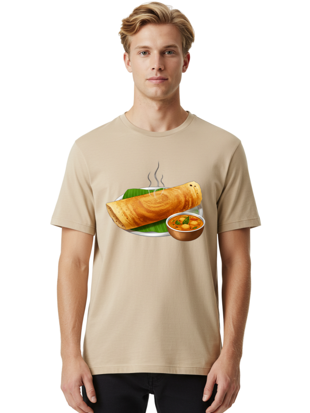 Masala-Dosa-9 Men'S Graphic Tee, 100% Cotton, Comfortable Casual Summer Wear, Machine Washable, South Indian Cuisine, Traditional Breakfast, Dosa And Sambar, Indian Food, Savory Crepe, Spicy Curry, Steaming Hot, Banana Leaf, Delicious Meal, Baa987