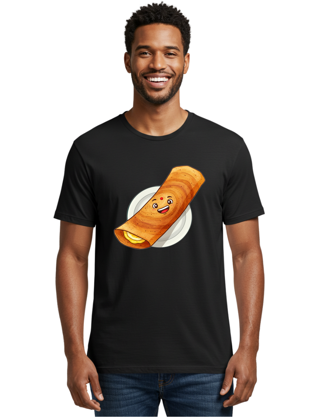 Masala-Dosa Men'S Graphic Tee, 100% Cotton, Comfortable Casual Summer Wear, Machine Washable, Indian Cuisine, Traditional Breakfast, Masala Dosa, Dosa Recipe, South Indian Food, Cartoon Food, Smiling Dosa, Dosa Illustration Baa989
