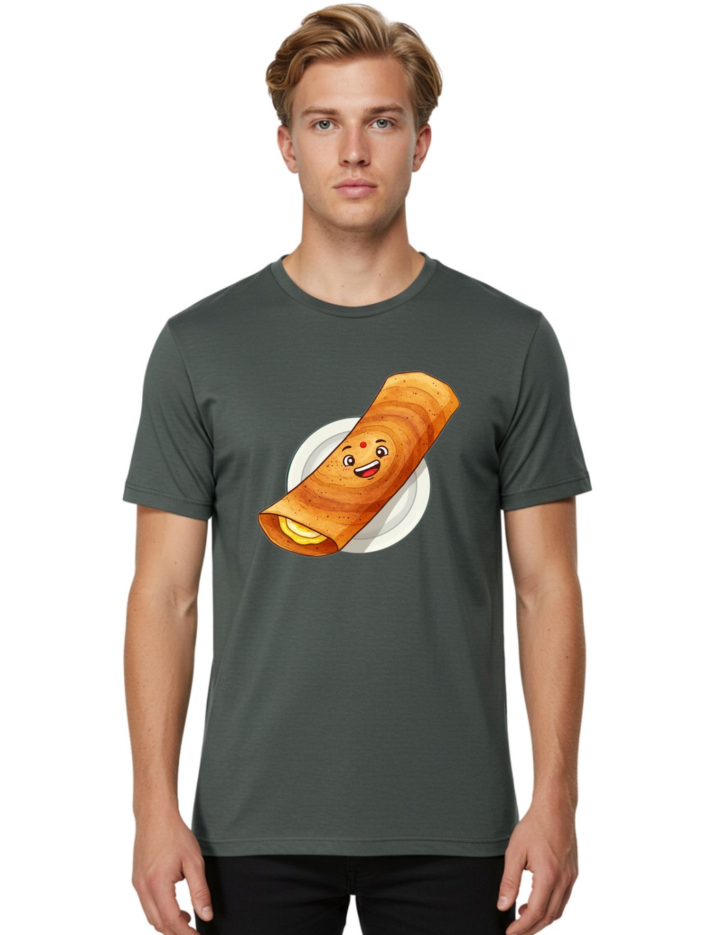 Masala-Dosa Men'S Graphic Tee, 100% Cotton, Comfortable Casual Summer Wear, Machine Washable, Indian Cuisine, Traditional Breakfast, Masala Dosa, Dosa Recipe, South Indian Food, Cartoon Food, Smiling Dosa, Dosa Illustration Baa989
