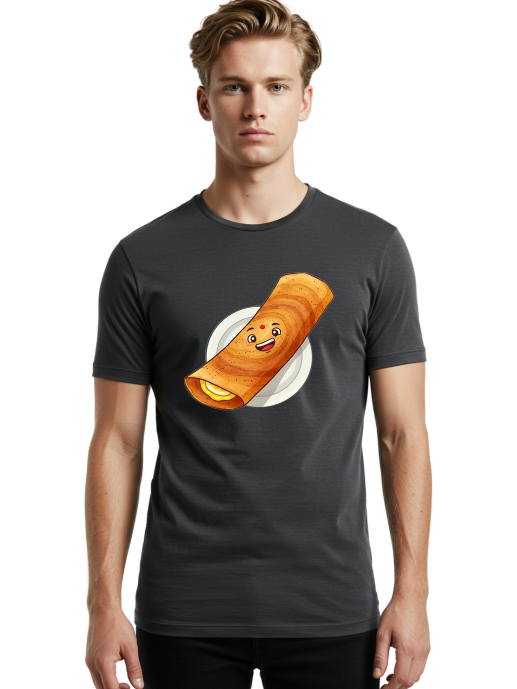 Masala-Dosa Men'S Graphic Tee, 100% Cotton, Comfortable Casual Summer Wear, Machine Washable, Indian Cuisine, Traditional Breakfast, Masala Dosa, Dosa Recipe, South Indian Food, Cartoon Food, Smiling Dosa, Dosa Illustration Baa989