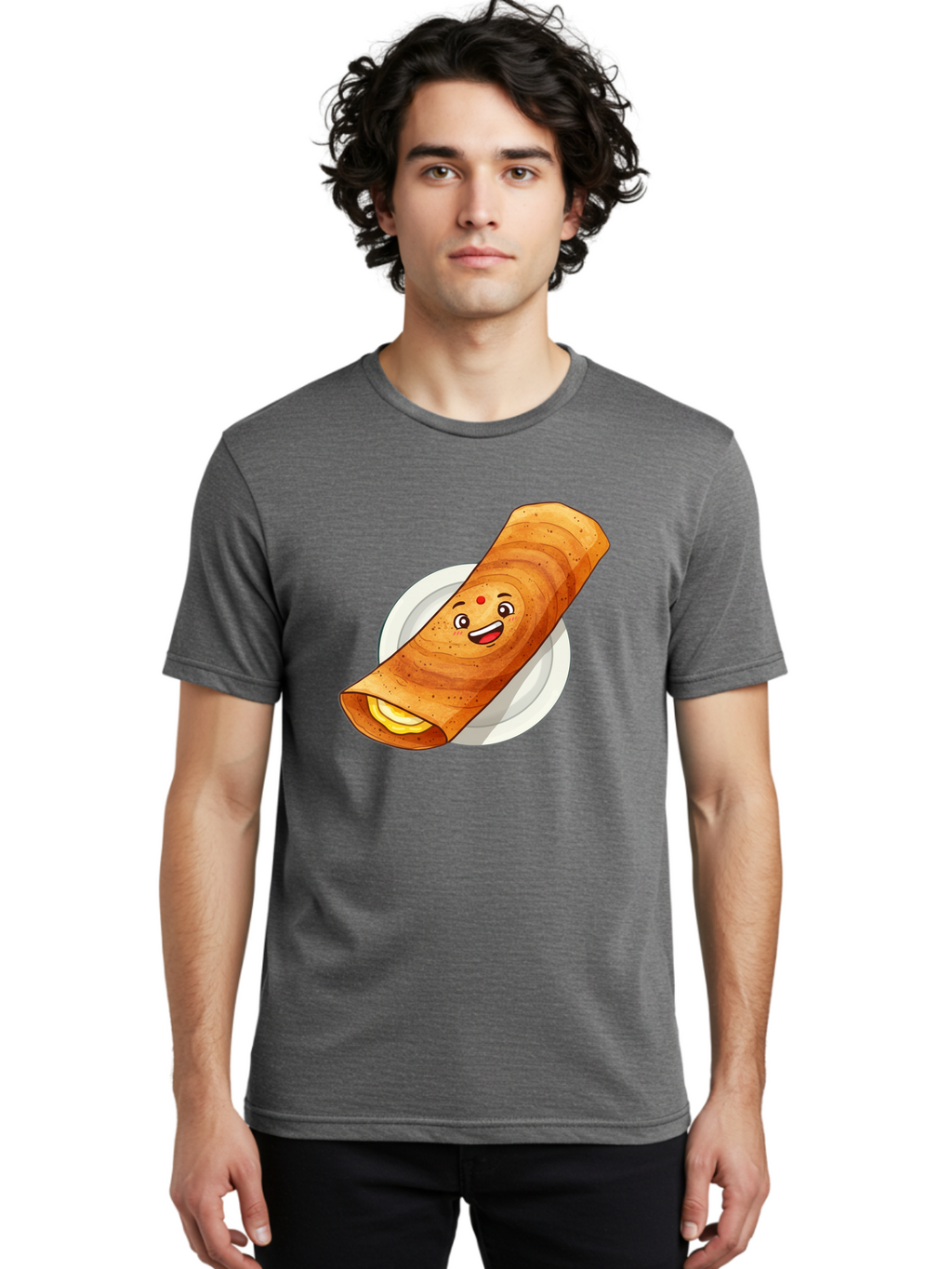 Masala-Dosa Men'S Graphic Tee, 100% Cotton, Comfortable Casual Summer Wear, Machine Washable, Indian Cuisine, Traditional Breakfast, Masala Dosa, Dosa Recipe, South Indian Food, Cartoon Food, Smiling Dosa, Dosa Illustration Baa989