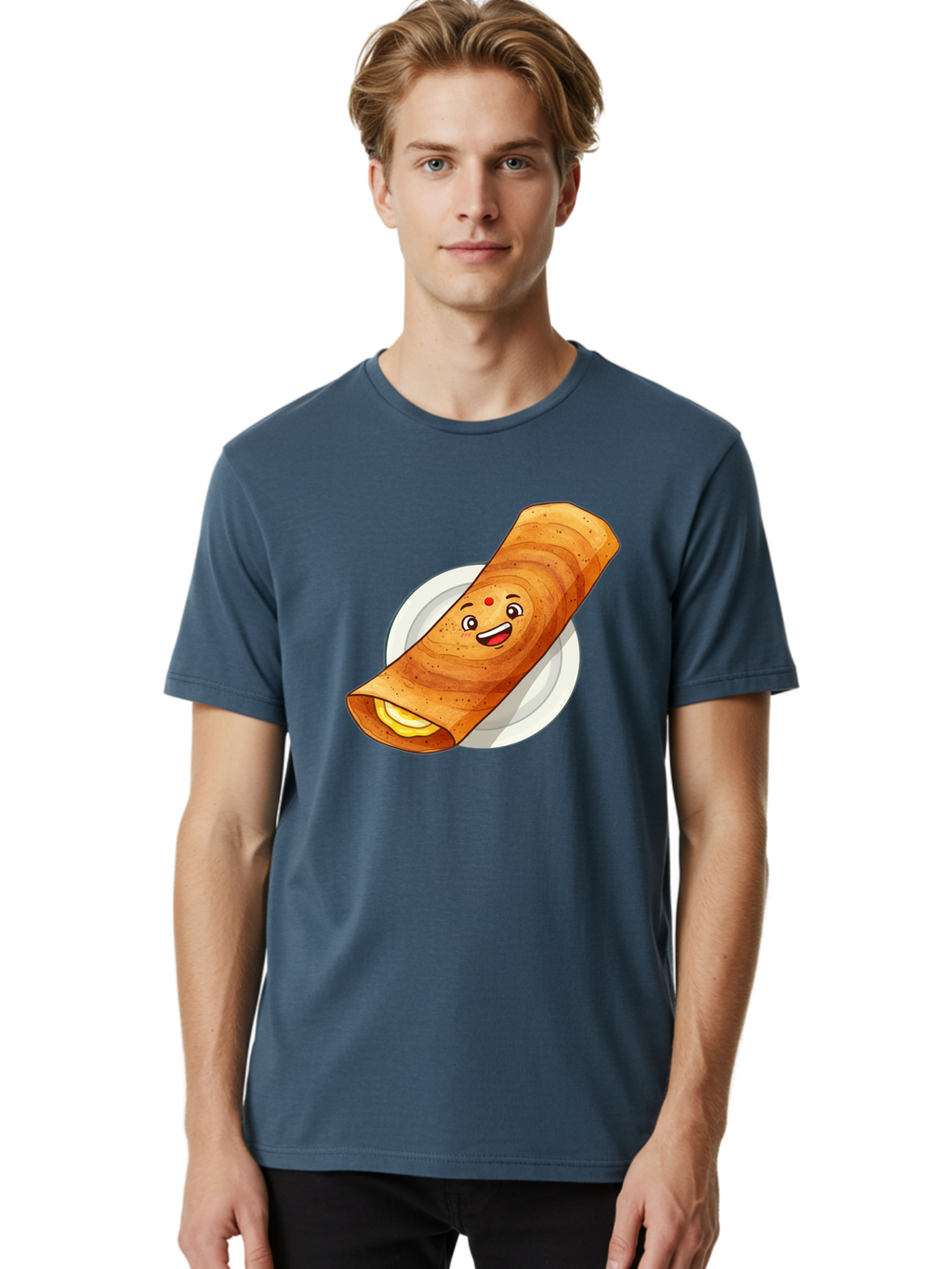 Masala-Dosa Men'S Graphic Tee, 100% Cotton, Comfortable Casual Summer Wear, Machine Washable, Indian Cuisine, Traditional Breakfast, Masala Dosa, Dosa Recipe, South Indian Food, Cartoon Food, Smiling Dosa, Dosa Illustration Baa989