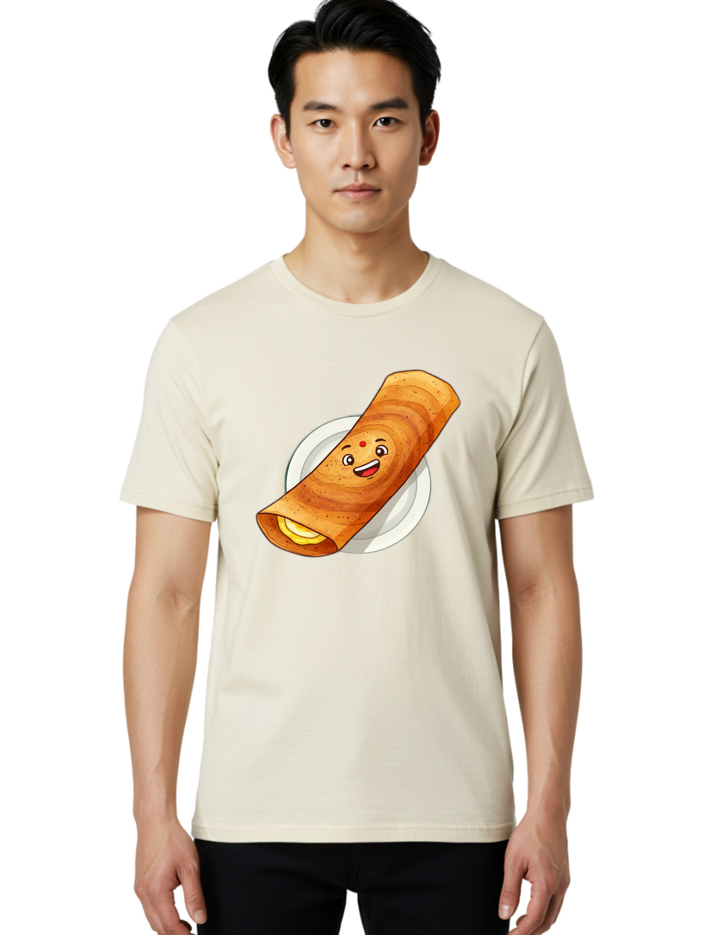 Masala-Dosa Men'S Graphic Tee, 100% Cotton, Comfortable Casual Summer Wear, Machine Washable, Indian Cuisine, Traditional Breakfast, Masala Dosa, Dosa Recipe, South Indian Food, Cartoon Food, Smiling Dosa, Dosa Illustration Baa989