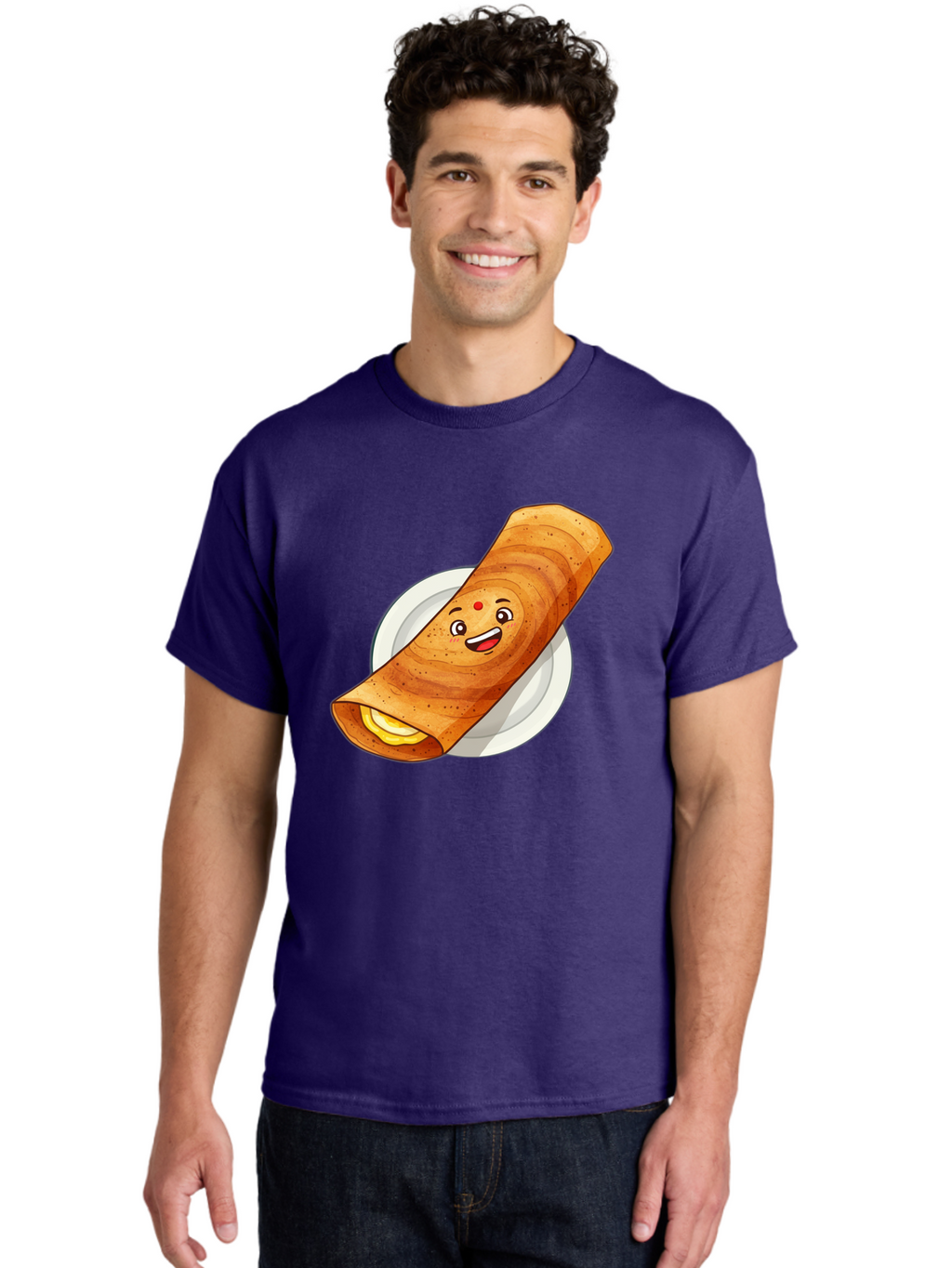 Masala-Dosa Men'S Graphic Tee, 100% Cotton, Comfortable Casual Summer Wear, Machine Washable, Indian Cuisine, Traditional Breakfast, Masala Dosa, Dosa Recipe, South Indian Food, Cartoon Food, Smiling Dosa, Dosa Illustration Baa989