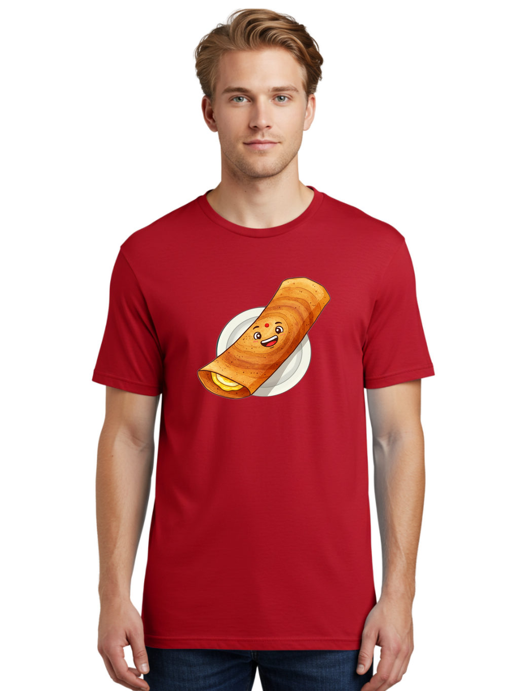 Masala-Dosa Men'S Graphic Tee, 100% Cotton, Comfortable Casual Summer Wear, Machine Washable, Indian Cuisine, Traditional Breakfast, Masala Dosa, Dosa Recipe, South Indian Food, Cartoon Food, Smiling Dosa, Dosa Illustration Baa989