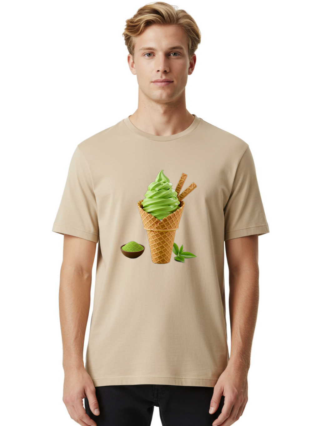 Matcha-Ice-Cream-Cone-1 Men'S Graphic Tee, 100% Cotton, Comfortable Casual Summer Wear, Machine Washable, Matcha Ice Cream Cone, Soft-Serve Ice Cream, Green Tea, Japanese Dessert, Matcha Powder, Summer Treat, Ice Cream, Green Tea Ice Cream, Baa991