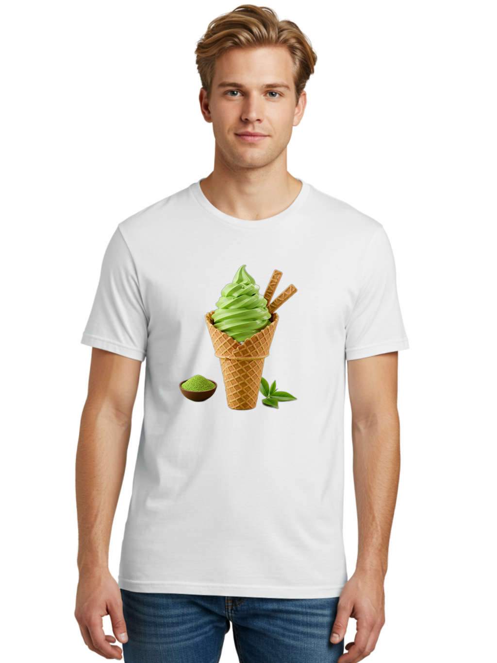 Matcha-Ice-Cream-Cone-1 Men'S Graphic Tee, 100% Cotton, Comfortable Casual Summer Wear, Machine Washable, Matcha Ice Cream Cone, Soft-Serve Ice Cream, Green Tea, Japanese Dessert, Matcha Powder, Summer Treat, Ice Cream, Green Tea Ice Cream, Baa991