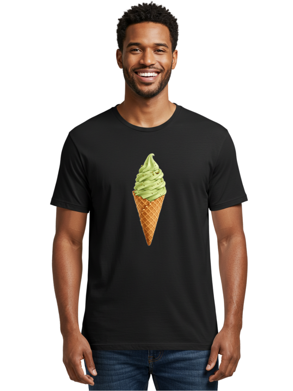 Matcha-Ice-Cream-Cone Men'S Graphic Tee, 100% Cotton, Comfortable Casual Summer Wear, Machine Washable, Matcha Ice Cream, Soft Serve Ice Cream, Waffle Cone, Green Tea Flavor, Sweet Treat, Summer Dessert, Ice Cream Cone, Creamy Texture Baa992