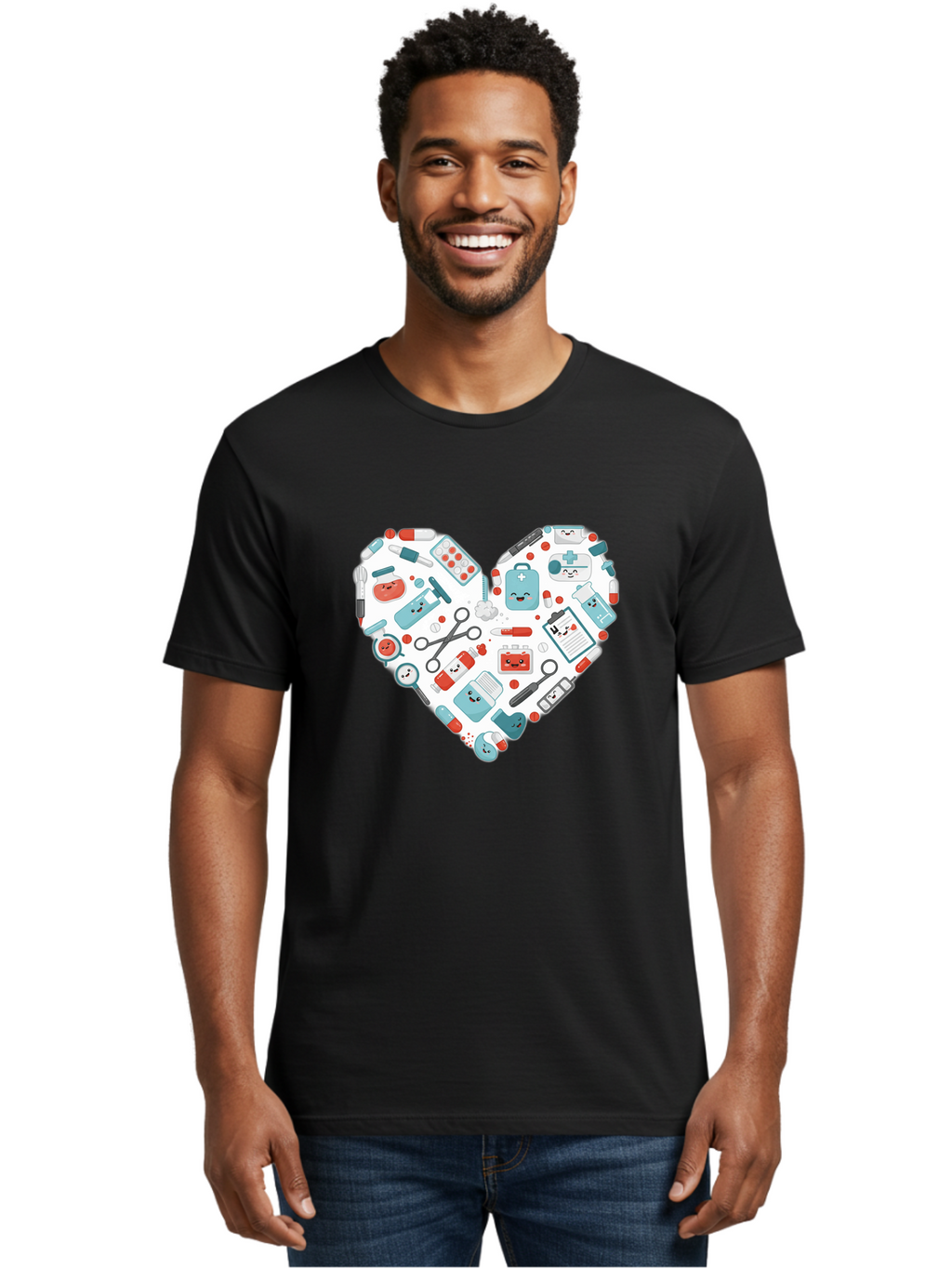 Medical-Heart Men'S Graphic Tee, 100% Cotton, Comfortable Casual Summer Wear, Machine Washable, Heart Shape, Medical Supplies, Healthcare Symbols, First Aid Kit, Medical Tools, Healthcare Icons, Medical Equipment, Health Care, Medical Kit, Baa995