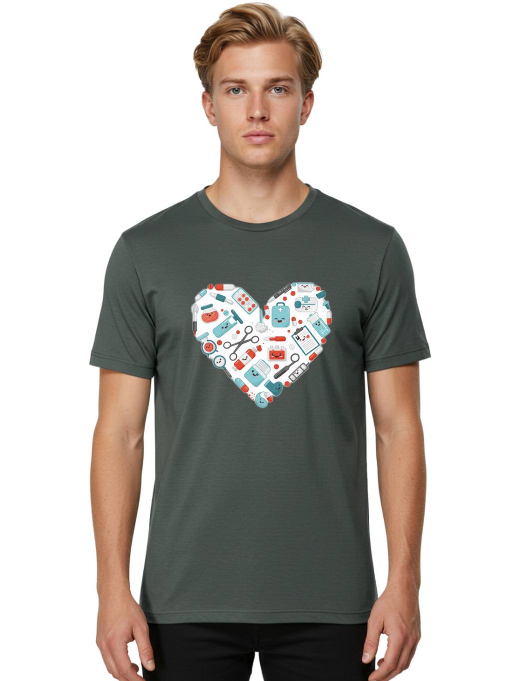 Medical-Heart Men'S Graphic Tee, 100% Cotton, Comfortable Casual Summer Wear, Machine Washable, Heart Shape, Medical Supplies, Healthcare Symbols, First Aid Kit, Medical Tools, Healthcare Icons, Medical Equipment, Health Care, Medical Kit, Baa995