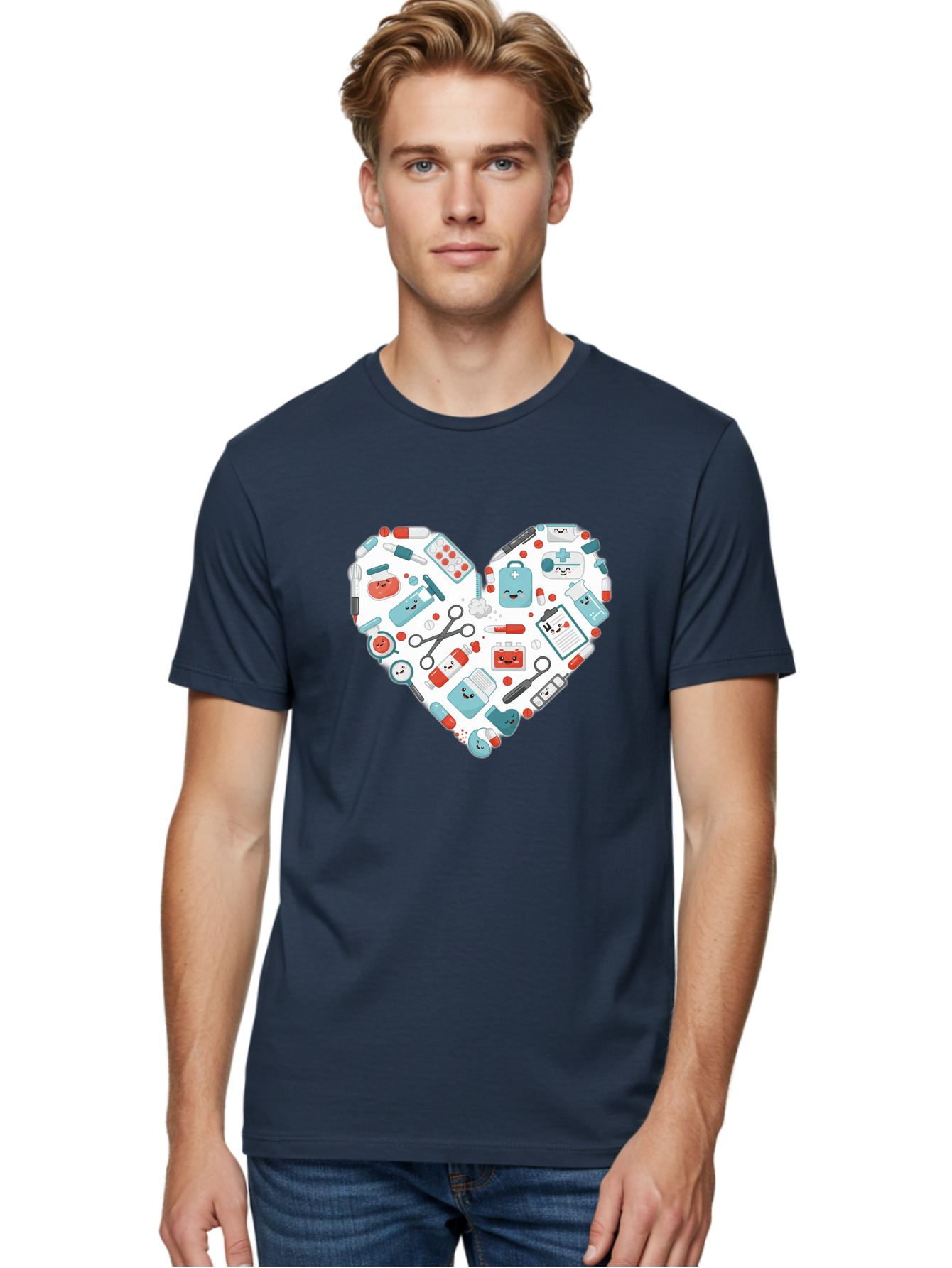 Medical-Heart Men'S Graphic Tee, 100% Cotton, Comfortable Casual Summer Wear, Machine Washable, Heart Shape, Medical Supplies, Healthcare Symbols, First Aid Kit, Medical Tools, Healthcare Icons, Medical Equipment, Health Care, Medical Kit, Baa995