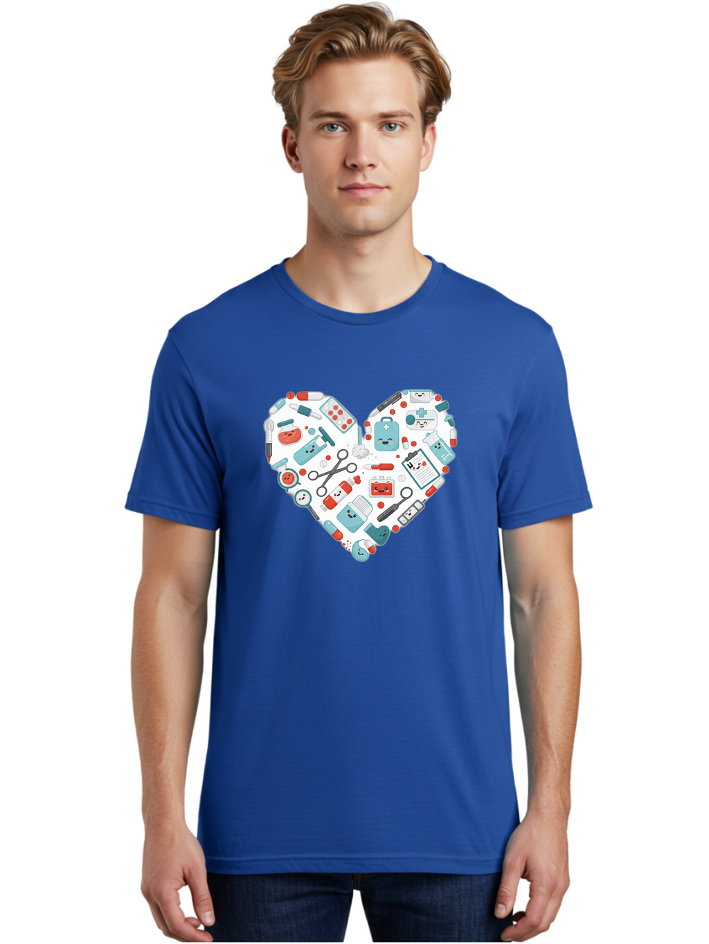 Medical-Heart Men'S Graphic Tee, 100% Cotton, Comfortable Casual Summer Wear, Machine Washable, Heart Shape, Medical Supplies, Healthcare Symbols, First Aid Kit, Medical Tools, Healthcare Icons, Medical Equipment, Health Care, Medical Kit, Baa995