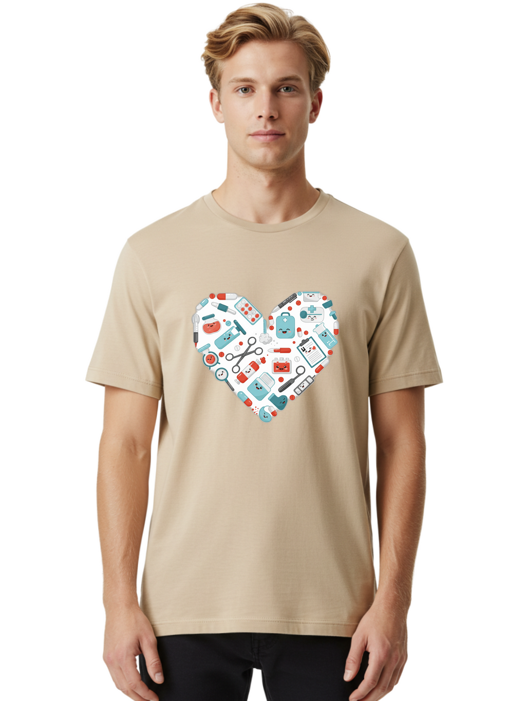 Medical-Heart Men'S Graphic Tee, 100% Cotton, Comfortable Casual Summer Wear, Machine Washable, Heart Shape, Medical Supplies, Healthcare Symbols, First Aid Kit, Medical Tools, Healthcare Icons, Medical Equipment, Health Care, Medical Kit, Baa995