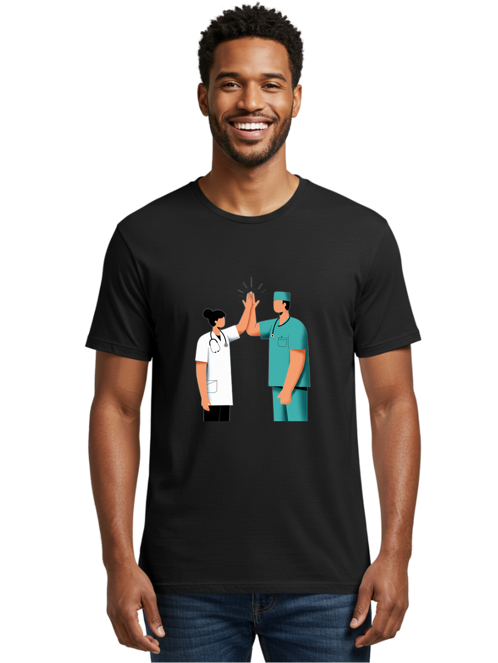Medical-Professionals-High-Five Men'S Graphic Tee, 100% Cotton, Comfortable Casual Summer Wear, Machine Washable, Doctors Giving High Five, Medical Professionals, Teamwork, Healthcare Workers, Stethoscope, Medical Scrubs, Teamwork Success, Baa997