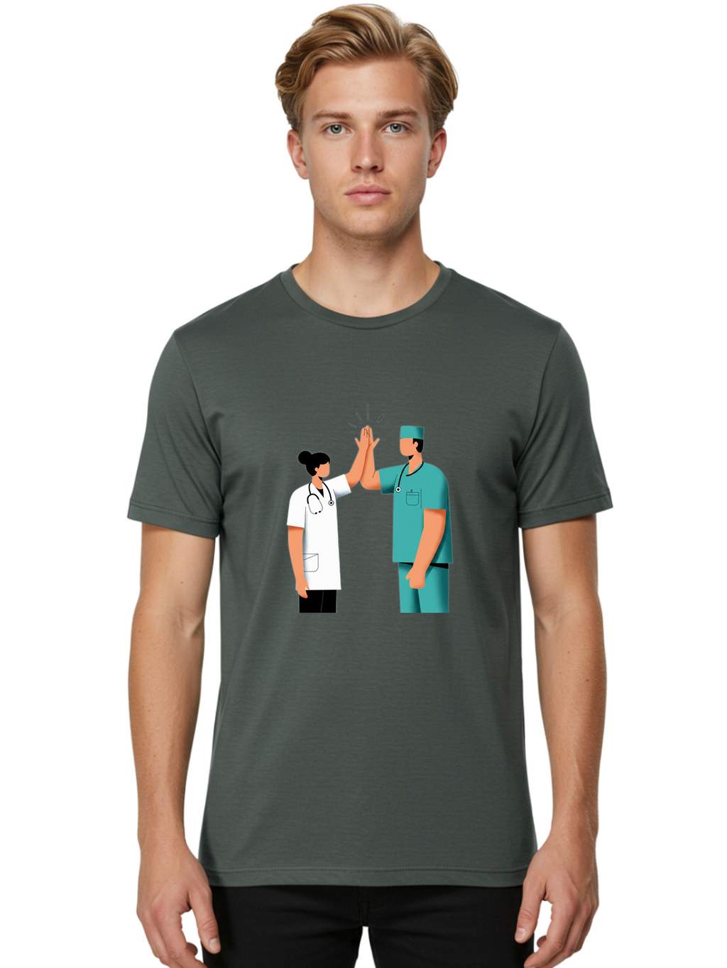 Medical-Professionals-High-Five Men'S Graphic Tee, 100% Cotton, Comfortable Casual Summer Wear, Machine Washable, Doctors Giving High Five, Medical Professionals, Teamwork, Healthcare Workers, Stethoscope, Medical Scrubs, Teamwork Success, Baa997