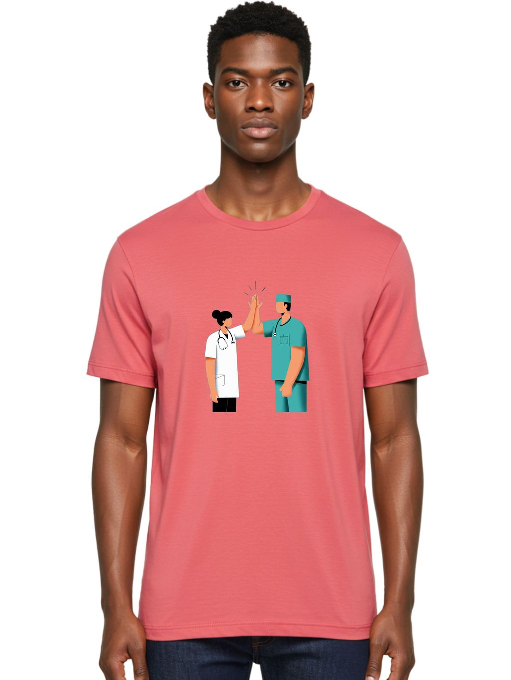 Medical-Professionals-High-Five Men'S Graphic Tee, 100% Cotton, Comfortable Casual Summer Wear, Machine Washable, Doctors Giving High Five, Medical Professionals, Teamwork, Healthcare Workers, Stethoscope, Medical Scrubs, Teamwork Success, Baa997