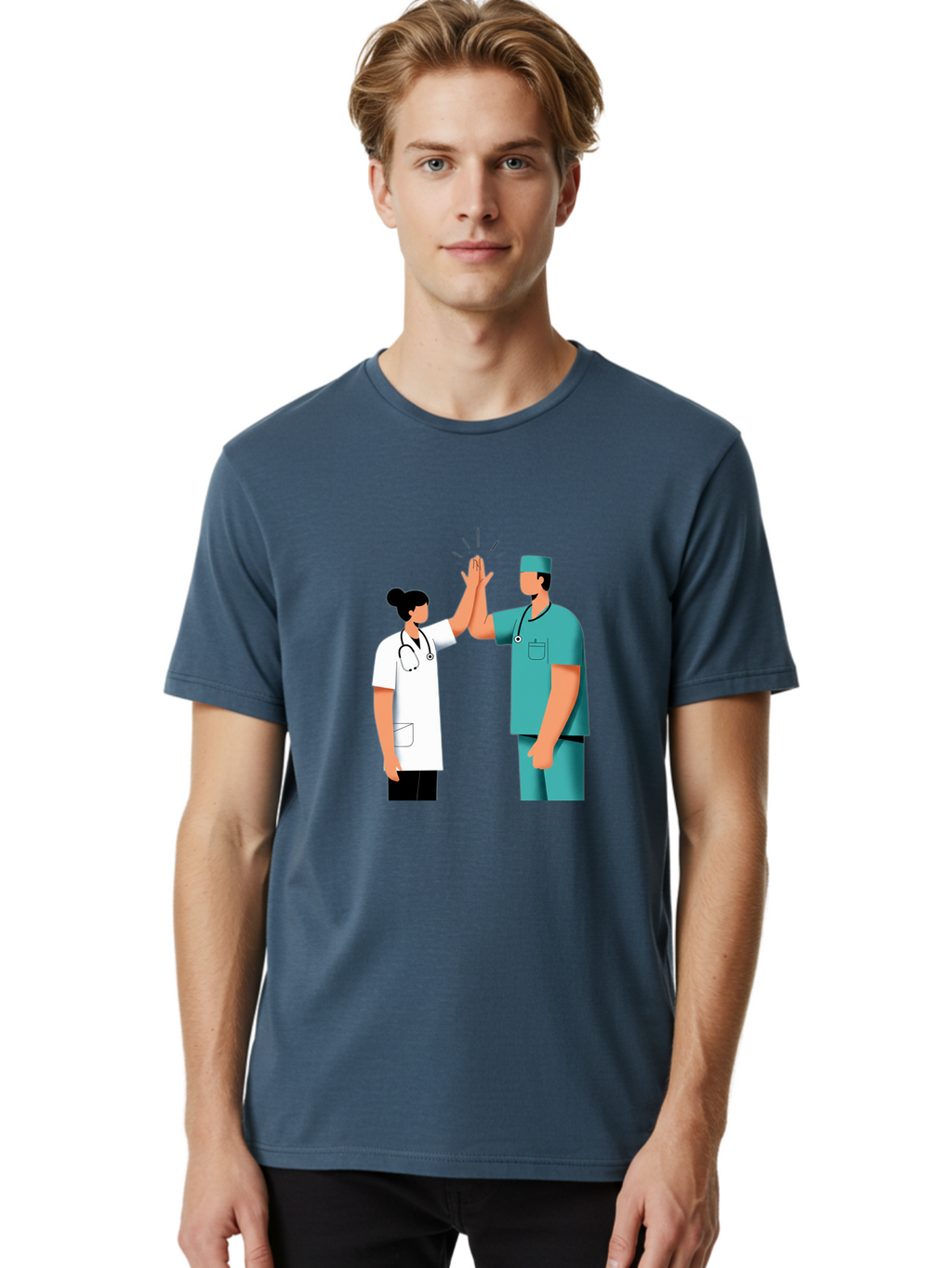 Medical-Professionals-High-Five Men'S Graphic Tee, 100% Cotton, Comfortable Casual Summer Wear, Machine Washable, Doctors Giving High Five, Medical Professionals, Teamwork, Healthcare Workers, Stethoscope, Medical Scrubs, Teamwork Success, Baa997