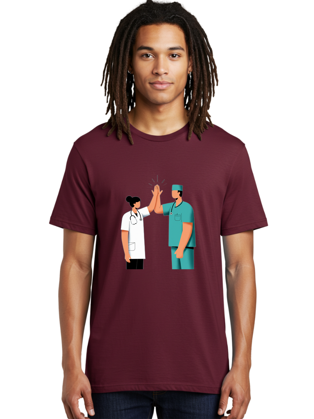 Medical-Professionals-High-Five Men'S Graphic Tee, 100% Cotton, Comfortable Casual Summer Wear, Machine Washable, Doctors Giving High Five, Medical Professionals, Teamwork, Healthcare Workers, Stethoscope, Medical Scrubs, Teamwork Success, Baa997