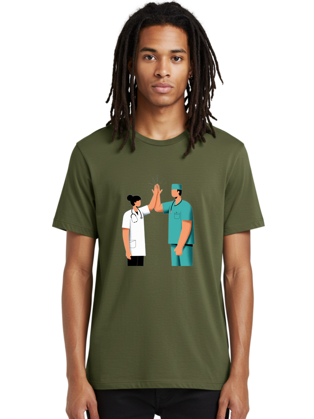 Medical-Professionals-High-Five Men'S Graphic Tee, 100% Cotton, Comfortable Casual Summer Wear, Machine Washable, Doctors Giving High Five, Medical Professionals, Teamwork, Healthcare Workers, Stethoscope, Medical Scrubs, Teamwork Success, Baa997