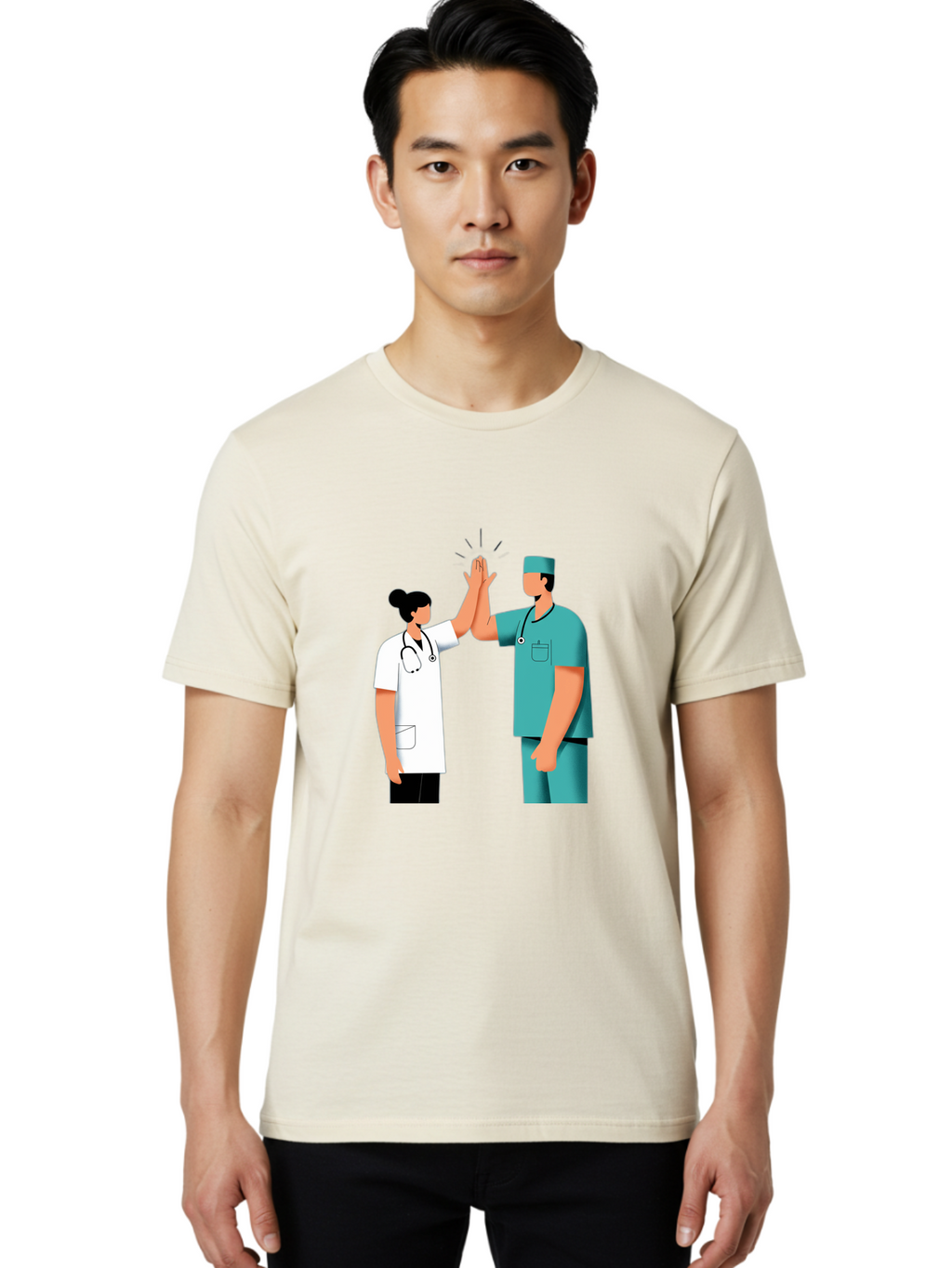 Medical-Professionals-High-Five Men'S Graphic Tee, 100% Cotton, Comfortable Casual Summer Wear, Machine Washable, Doctors Giving High Five, Medical Professionals, Teamwork, Healthcare Workers, Stethoscope, Medical Scrubs, Teamwork Success, Baa997