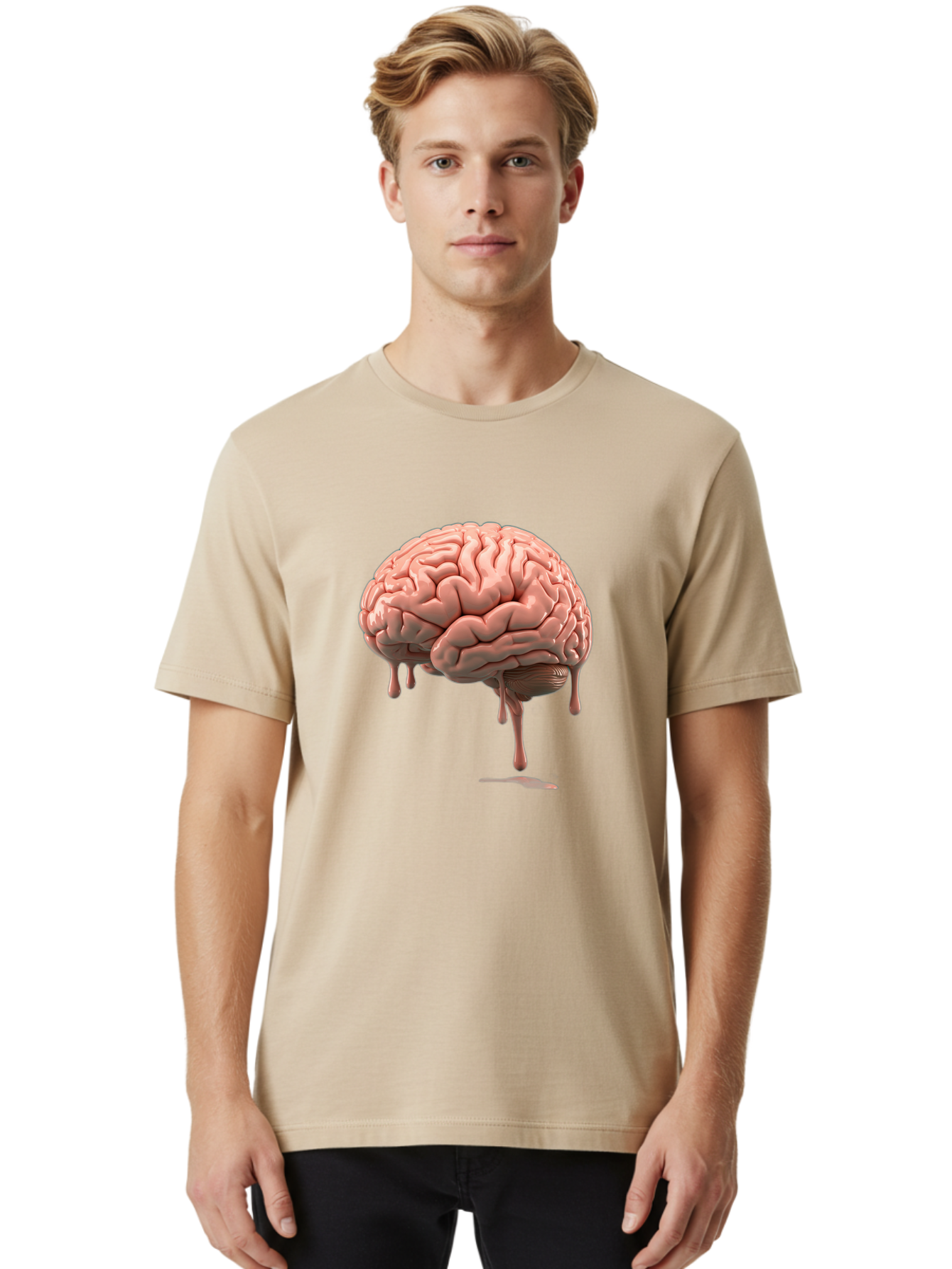Melting-Brain Men'S Graphic Tee, 100% Cotton, Comfortable Casual Summer Wear, Machine Washable, Human Brain, Melting Effect, Surreal Art, Psychological Concept, Cognitive Distortion, Abstract Representation, Creative Visualization, Baa999