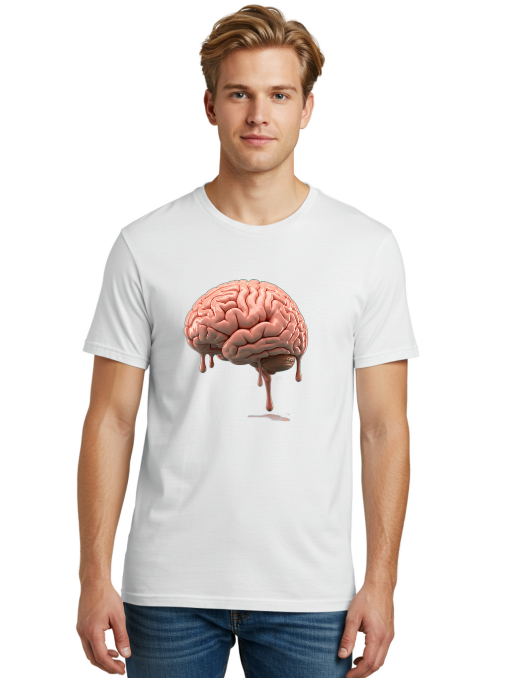 Melting-Brain Men'S Graphic Tee, 100% Cotton, Comfortable Casual Summer Wear, Machine Washable, Human Brain, Melting Effect, Surreal Art, Psychological Concept, Cognitive Distortion, Abstract Representation, Creative Visualization, Baa999