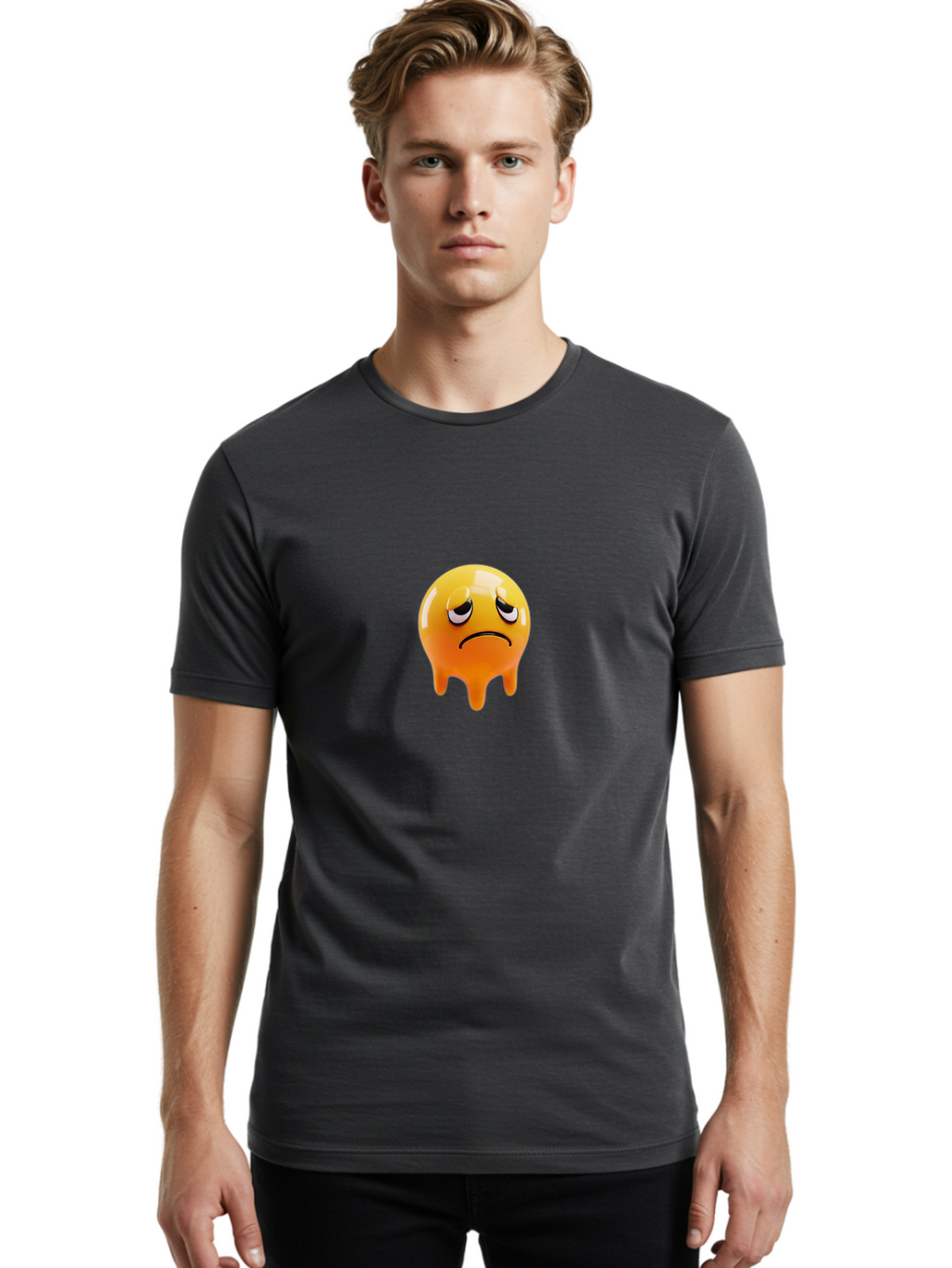 Melting-Face Men'S Graphic Tee, 100% Cotton, Comfortable Casual Summer Wear, Machine Washable, Melting Emoji, Yellow Face, Unhappy Face, Unhappy Emoji, Frowning Face, Sad Emoji, Cartoon Character, Emoticon, 3D Rendering, Digital Art, Bab000
