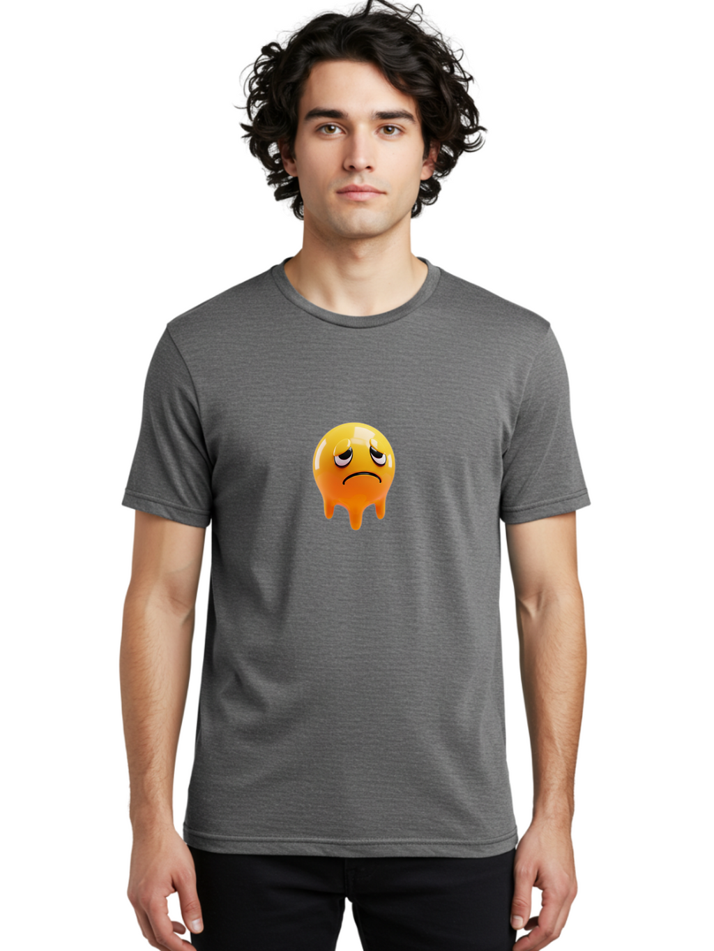Melting-Face Men'S Graphic Tee, 100% Cotton, Comfortable Casual Summer Wear, Machine Washable, Melting Emoji, Yellow Face, Unhappy Face, Unhappy Emoji, Frowning Face, Sad Emoji, Cartoon Character, Emoticon, 3D Rendering, Digital Art, Bab000