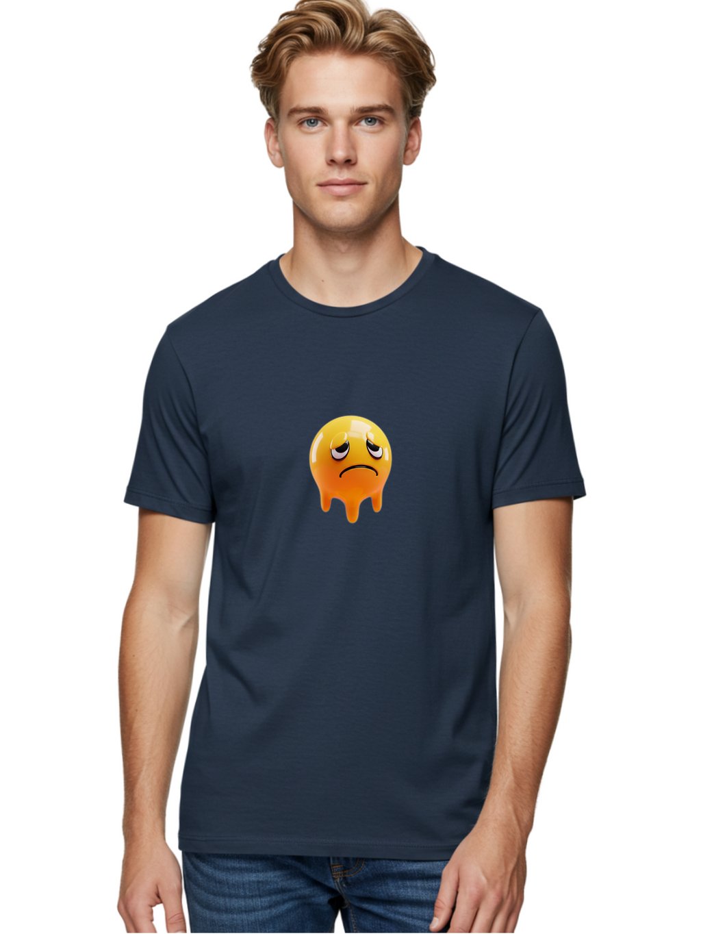 Melting-Face Men'S Graphic Tee, 100% Cotton, Comfortable Casual Summer Wear, Machine Washable, Melting Emoji, Yellow Face, Unhappy Face, Unhappy Emoji, Frowning Face, Sad Emoji, Cartoon Character, Emoticon, 3D Rendering, Digital Art, Bab000