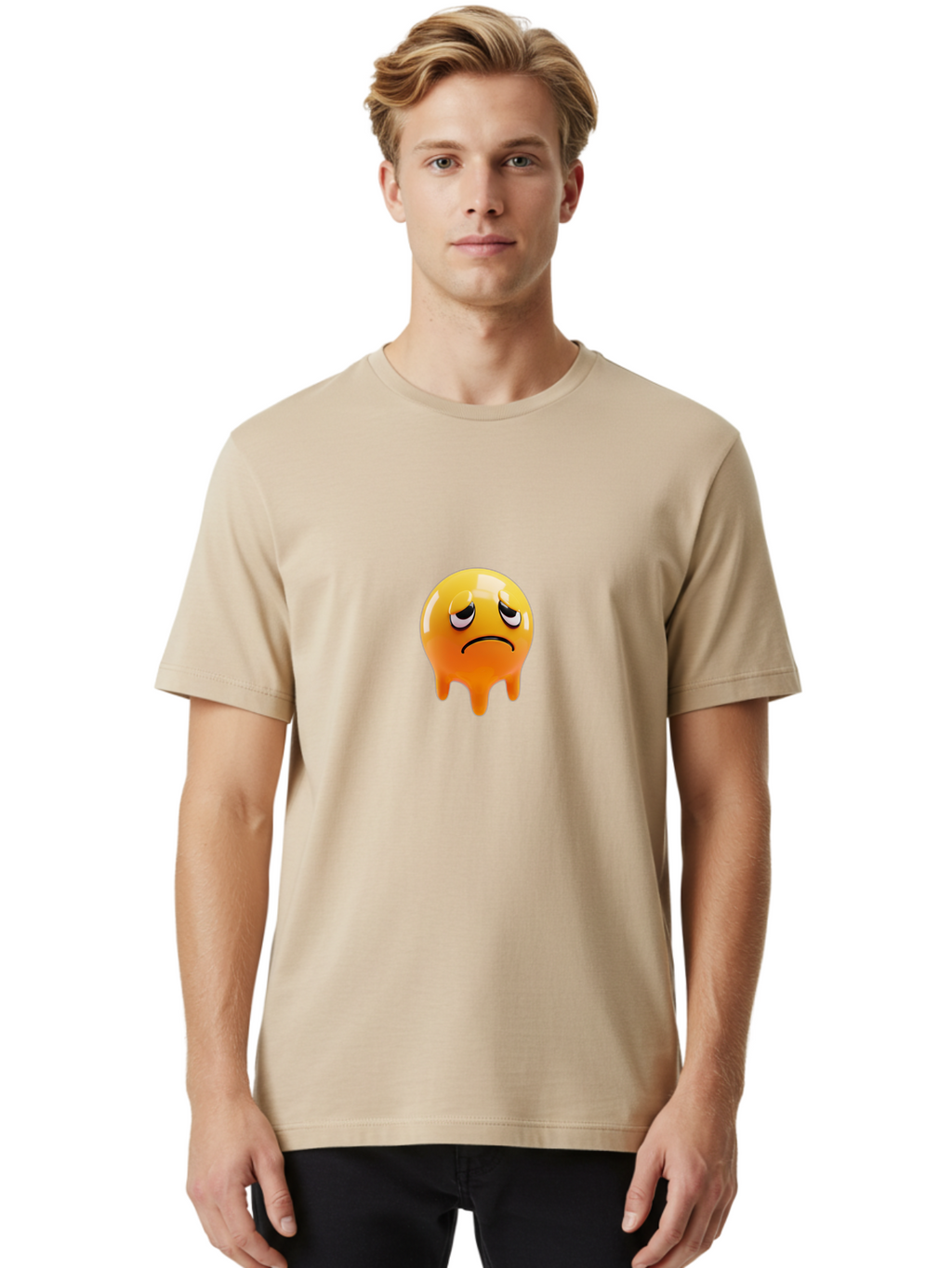 Melting-Face Men'S Graphic Tee, 100% Cotton, Comfortable Casual Summer Wear, Machine Washable, Melting Emoji, Yellow Face, Unhappy Face, Unhappy Emoji, Frowning Face, Sad Emoji, Cartoon Character, Emoticon, 3D Rendering, Digital Art, Bab000