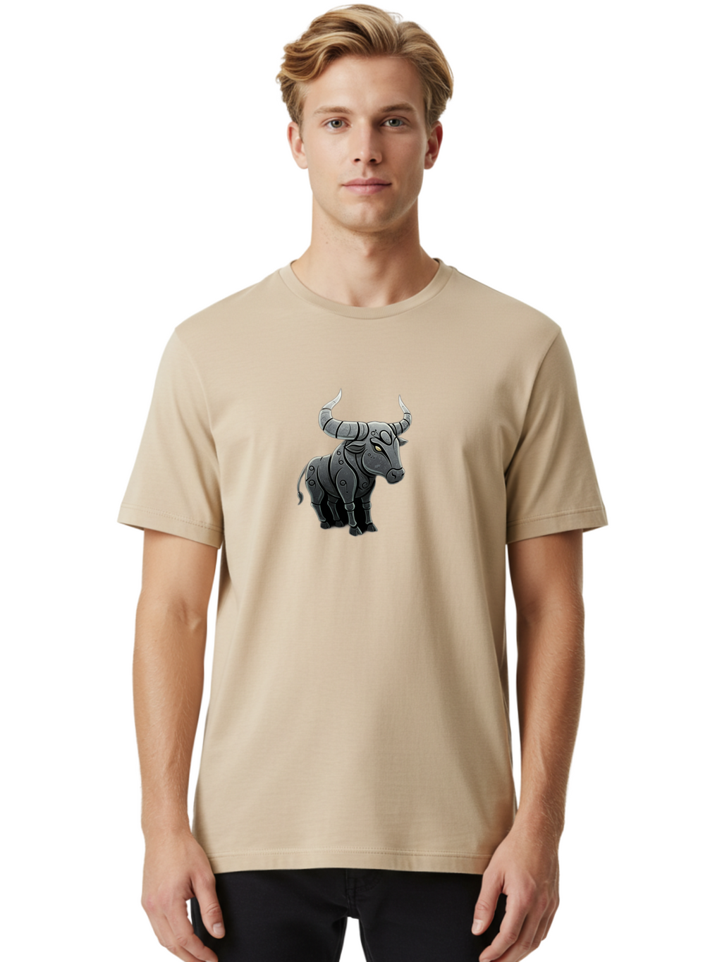 Metal-Bull Men'S Graphic Tee, 100% Cotton, Comfortable Casual Summer Wear, Machine Washable, Robotic Bull, Metallic Body, Mechanical Creature, Artificial Intelligence, Futuristic Design, Sci-Fi Art, Cybernetic Animal, Modern Illustration, Bab001