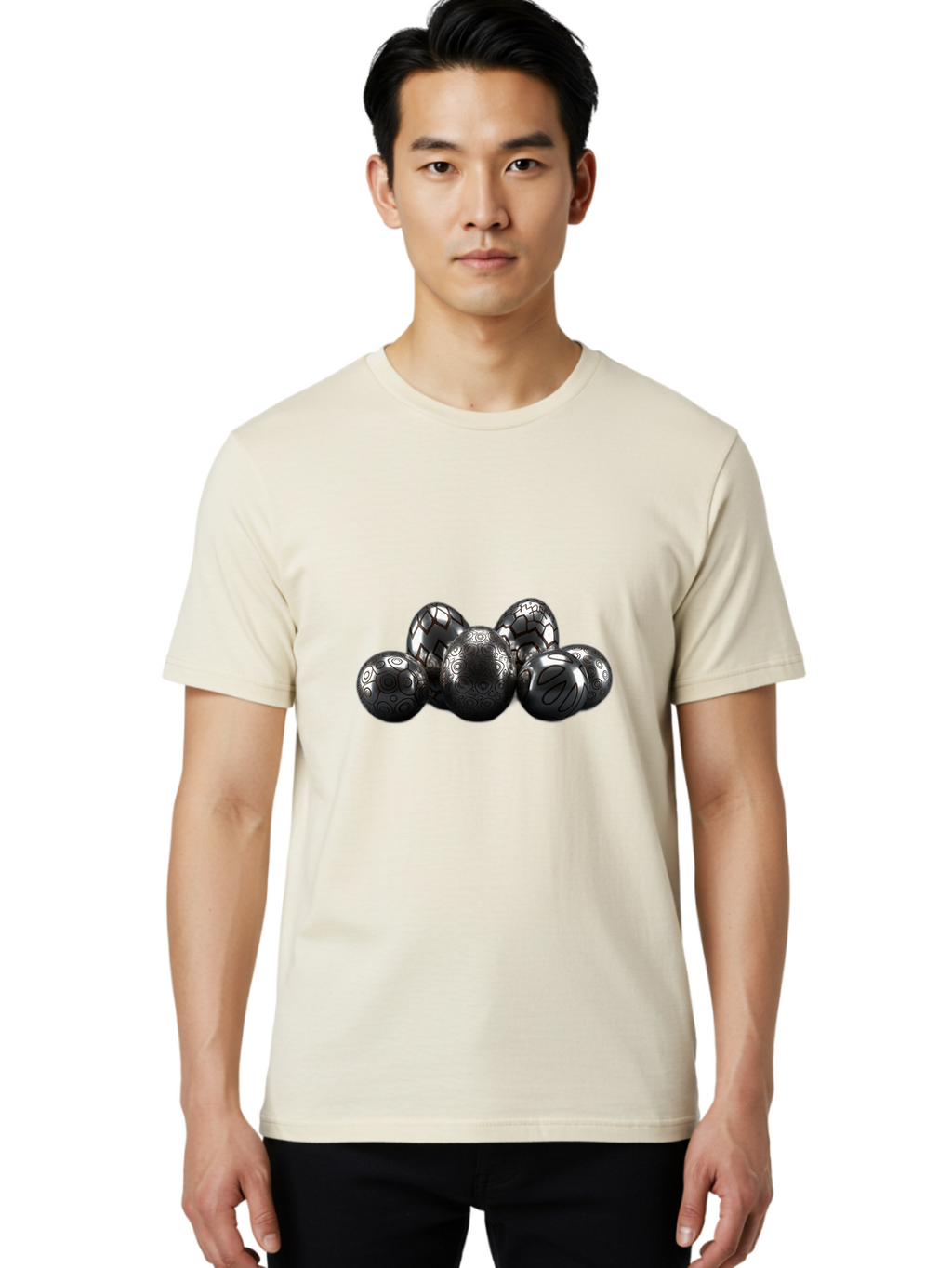 Metallic-Eggs Men'S Graphic Tee, 100% Cotton, Comfortable Casual Summer Wear, Machine Washable, Black And White Eggs, Decorative Patterns, Easter Eggs, Digital Art, Graphic Design, Ornate Details, Symmetrical Designs, Modern Illustration, Bab003