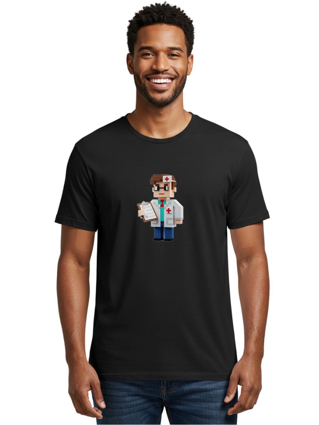 Minecraft-Doctor-1 Men'S Graphic Tee, 100% Cotton, Comfortable Casual Summer Wear, Machine Washable, Pixel Art Doctor, Medical Professional, Healthcare Worker, Doctor Character, Red Cross Symbol, Medical Attire, Clipboard, Pixelated Style, Bab007
