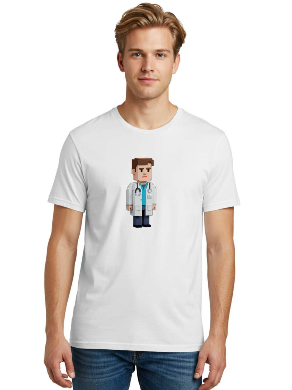 Minecraft-Doctor Men'S Graphic Tee, 100% Cotton, Comfortable Casual Summer Wear, Machine Washable, Minecraft Doctor, Pixel Art, Medical Professional, White Coat, Stethoscope, Clinical Setting, 3D Blocky Style, Healthcare Worker Bab008
