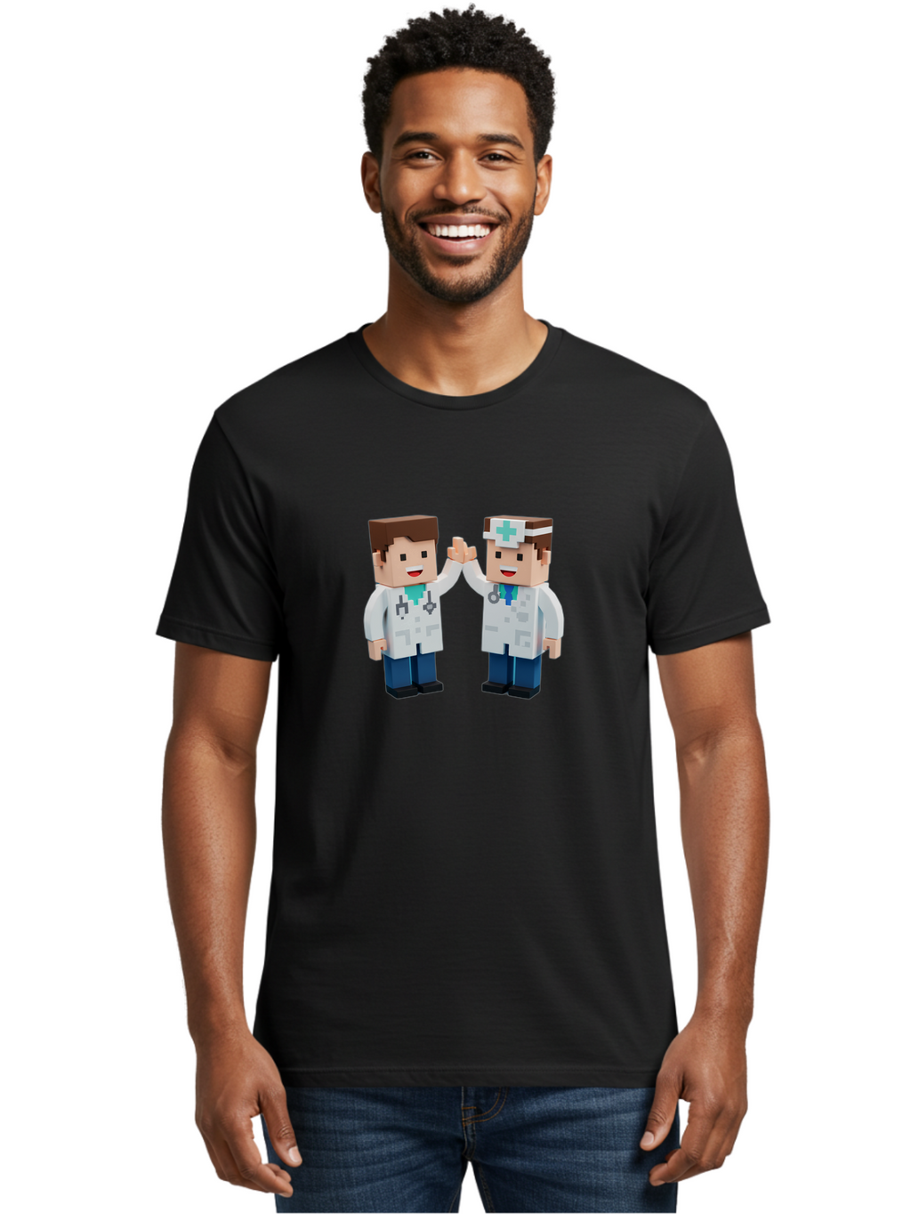 Minecraft-Doctors Men'S Graphic Tee, 100% Cotton, Comfortable Casual Summer Wear, Machine Washable, Minecraft Characters, Doctors, High Fiving, Healthcare Professionals, Medical Team, Pixel Art, Video Game Characters, Teamwork, Bab009