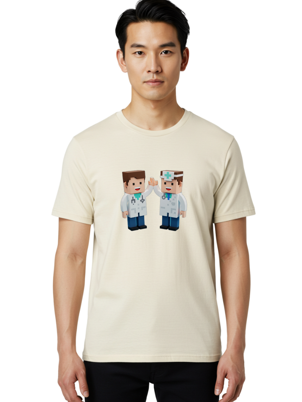 Minecraft-Doctors Men'S Graphic Tee, 100% Cotton, Comfortable Casual Summer Wear, Machine Washable, Minecraft Characters, Doctors, High Fiving, Healthcare Professionals, Medical Team, Pixel Art, Video Game Characters, Teamwork, Bab009