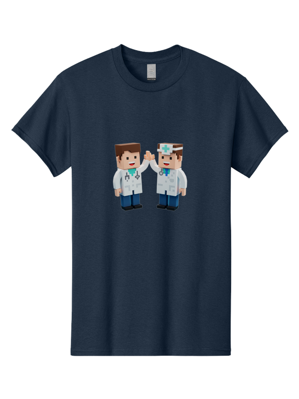 Minecraft-Doctors Men'S Graphic Tee, 100% Cotton, Comfortable Casual Summer Wear, Machine Washable, Minecraft Characters, Doctors, High Fiving, Healthcare Professionals, Medical Team, Pixel Art, Video Game Characters, Teamwork, Bab009