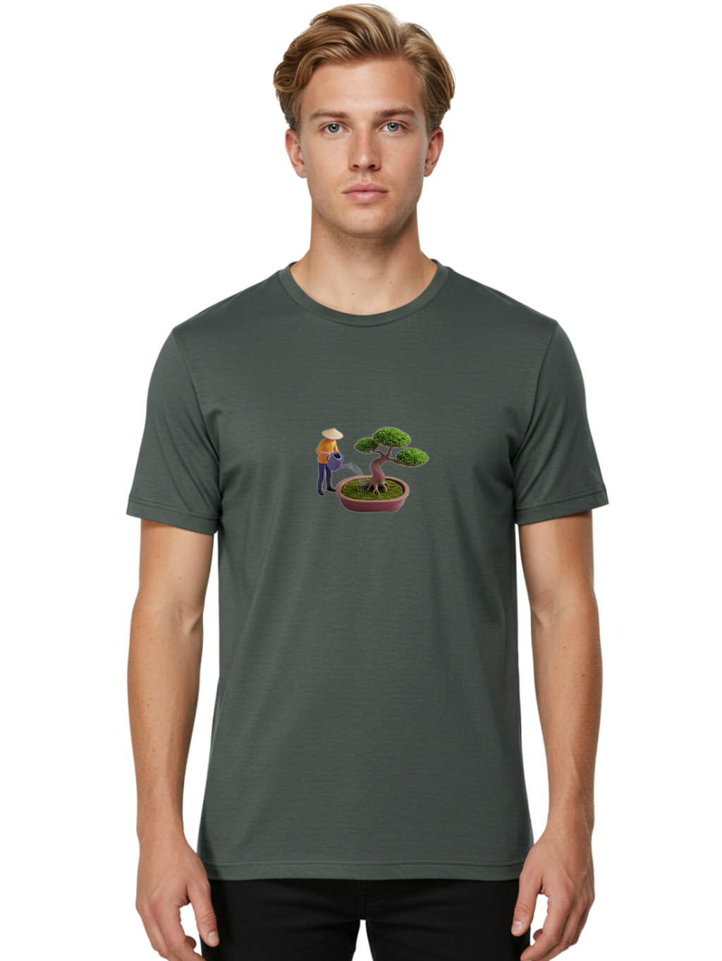 Miniature-Gardener Men'S Graphic Tee, 100% Cotton, Comfortable Casual Summer Wear, Machine Washable, Miniature Figurine, Bonsai Tree, Gardening Scene, Watering Can, Serene Atmosphere, Tranquil Setting, Green Leaves, Pot, Small Plants, Bab010