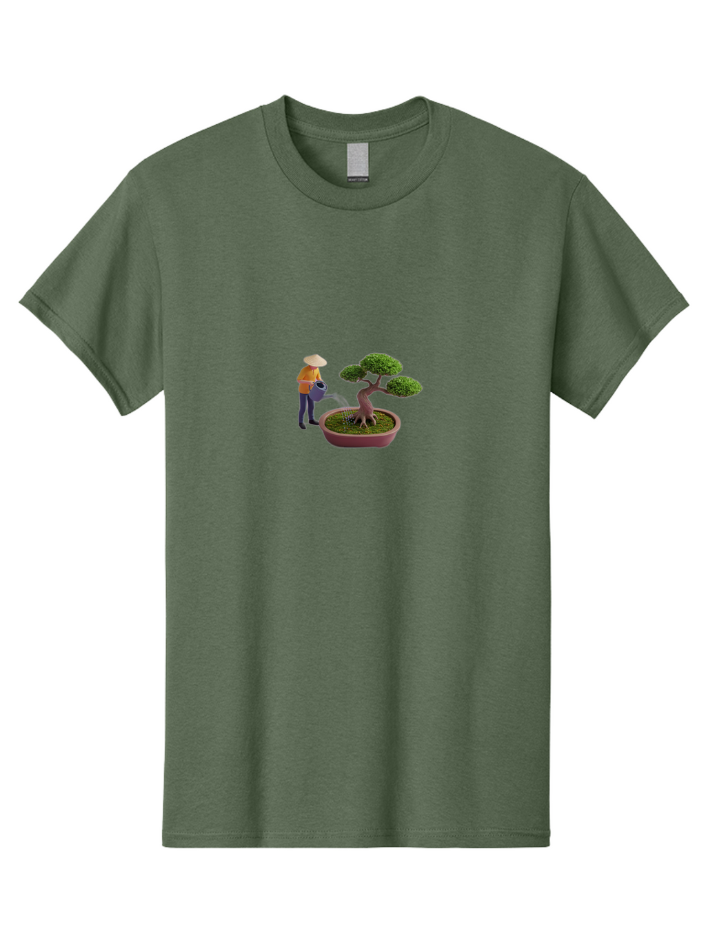 Miniature-Gardener Men'S Graphic Tee, 100% Cotton, Comfortable Casual Summer Wear, Machine Washable, Miniature Figurine, Bonsai Tree, Gardening Scene, Watering Can, Serene Atmosphere, Tranquil Setting, Green Leaves, Pot, Small Plants, Bab010