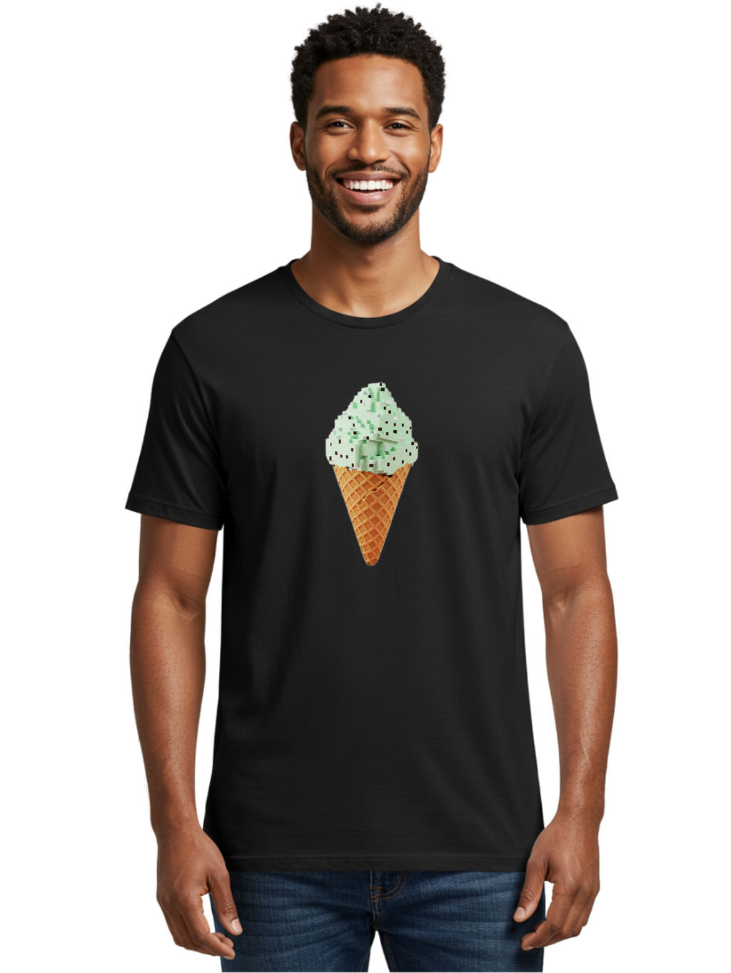 Mint-Chip-Ice-Cream Men'S Graphic Tee, 100% Cotton, Comfortable Casual Summer Wear, Machine Washable, Mint Chocolate Chip Ice Cream, Waffle Cone, Sweet Treats, Frozen Dessert, Summer Snack, Cool Flavors Bab012