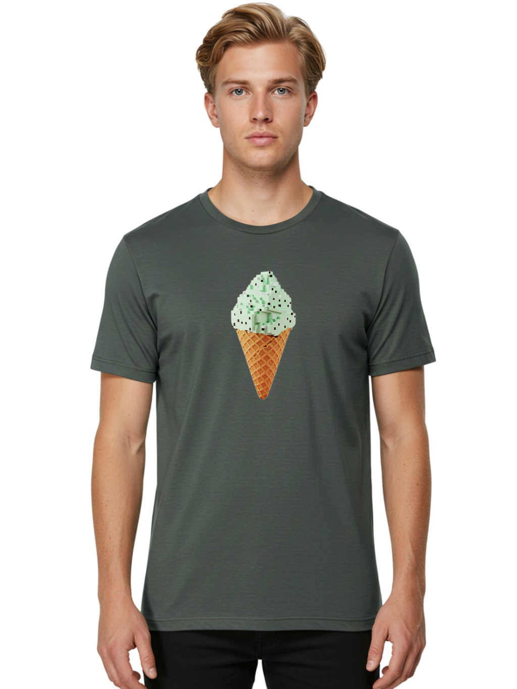 Mint-Chip-Ice-Cream Men'S Graphic Tee, 100% Cotton, Comfortable Casual Summer Wear, Machine Washable, Mint Chocolate Chip Ice Cream, Waffle Cone, Sweet Treats, Frozen Dessert, Summer Snack, Cool Flavors Bab012