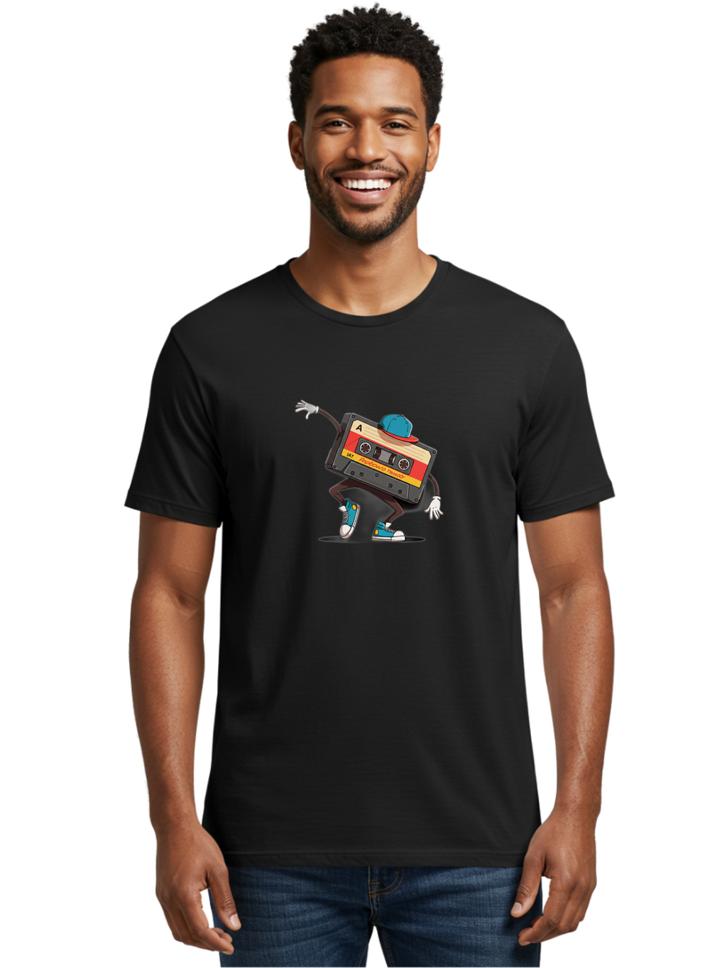 Mix-Cassette Men'S Graphic Tee, 100% Cotton, Comfortable Casual Summer Wear, Machine Washable, Cartoon Cassette Tape, Mixtape Character, Dancing Music, Retro Vibe, Vintage Style, Cool Hat, Sneakers, Fun Illustration, Music Lover, Bab013