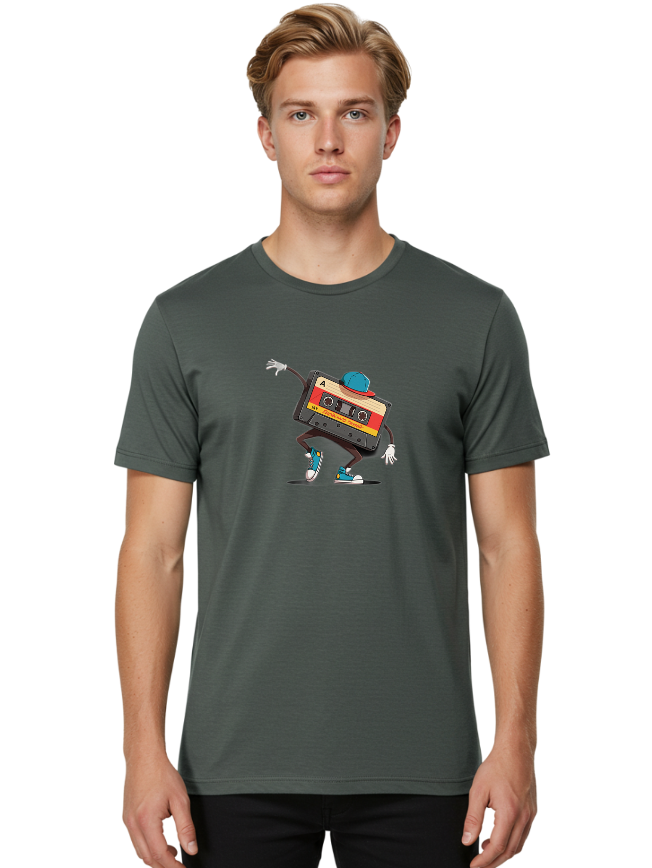 Mix-Cassette Men'S Graphic Tee, 100% Cotton, Comfortable Casual Summer Wear, Machine Washable, Cartoon Cassette Tape, Mixtape Character, Dancing Music, Retro Vibe, Vintage Style, Cool Hat, Sneakers, Fun Illustration, Music Lover, Bab013