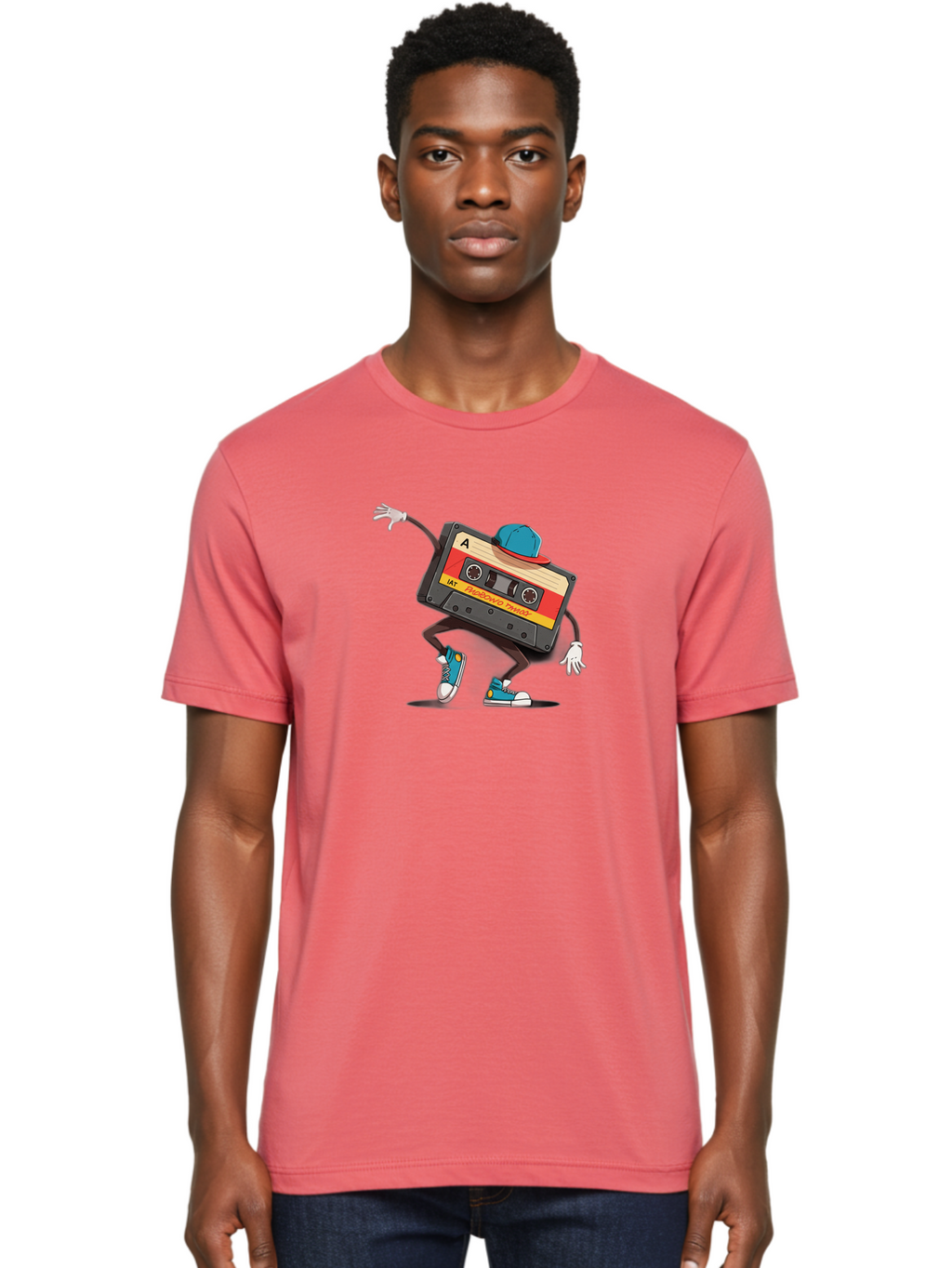 Mix-Cassette Men'S Graphic Tee, 100% Cotton, Comfortable Casual Summer Wear, Machine Washable, Cartoon Cassette Tape, Mixtape Character, Dancing Music, Retro Vibe, Vintage Style, Cool Hat, Sneakers, Fun Illustration, Music Lover, Bab013