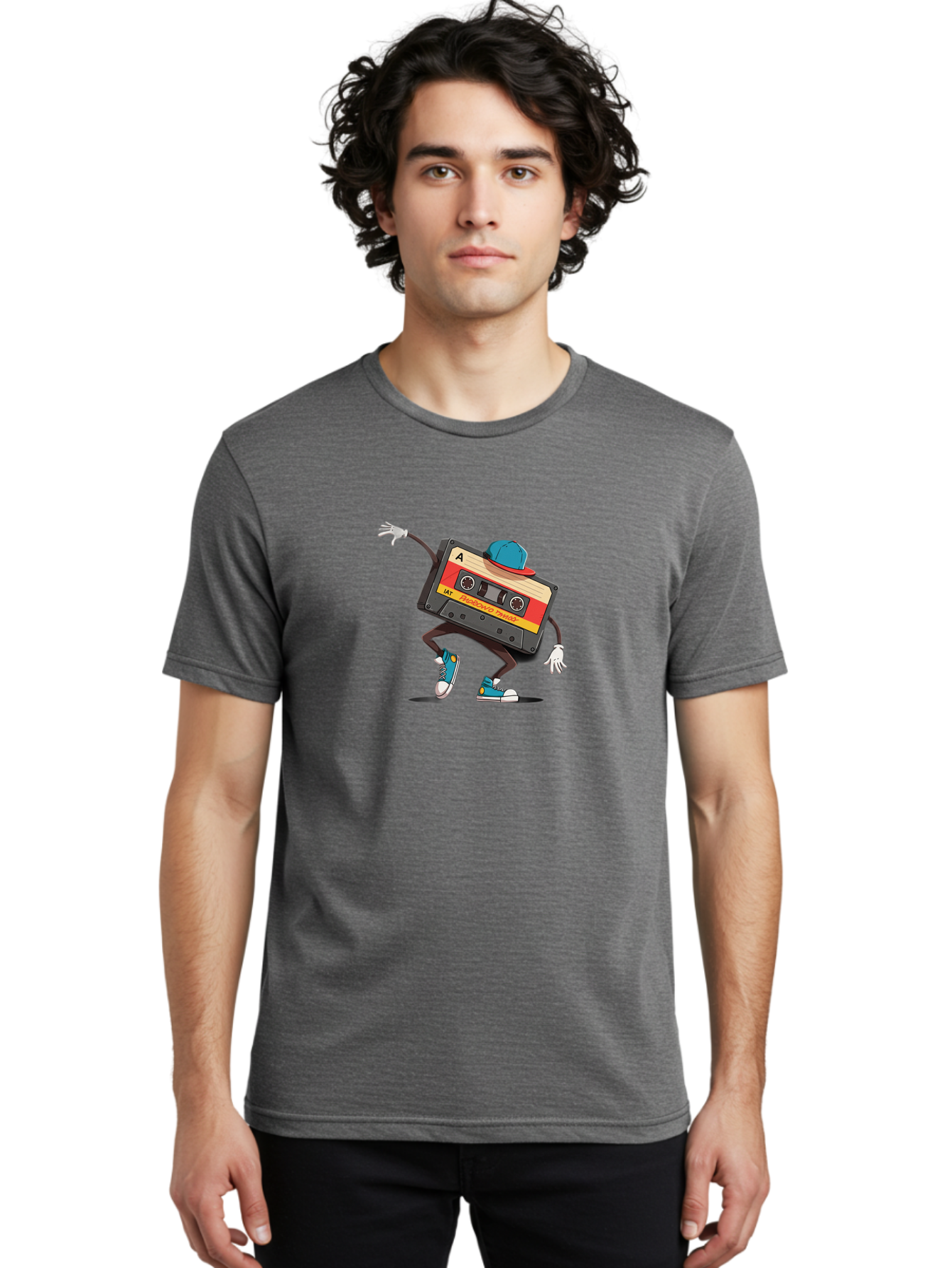 Mix-Cassette Men'S Graphic Tee, 100% Cotton, Comfortable Casual Summer Wear, Machine Washable, Cartoon Cassette Tape, Mixtape Character, Dancing Music, Retro Vibe, Vintage Style, Cool Hat, Sneakers, Fun Illustration, Music Lover, Bab013