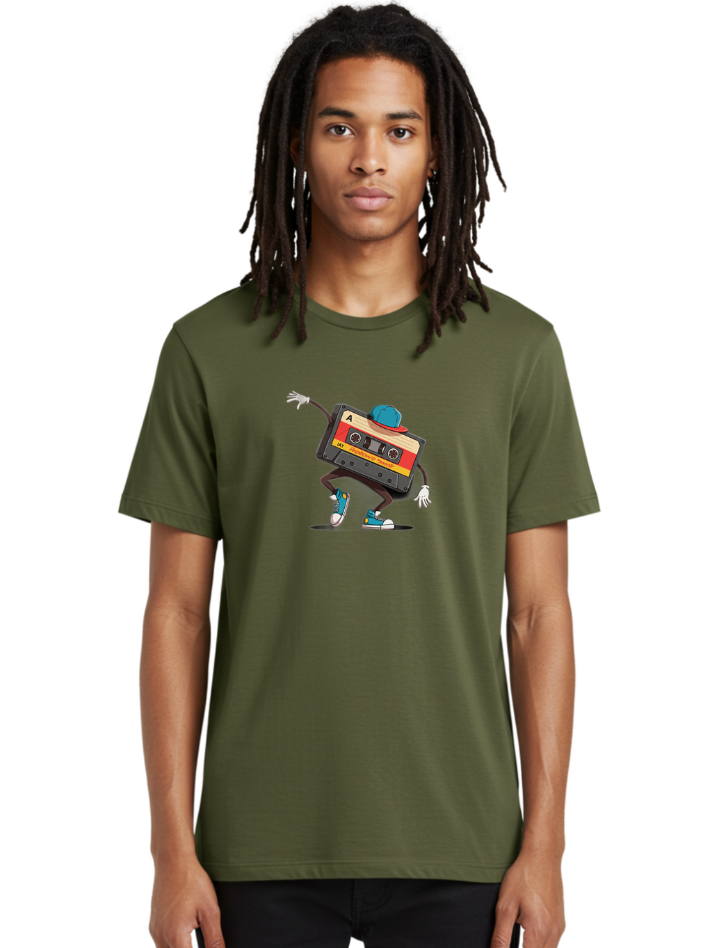 Mix-Cassette Men'S Graphic Tee, 100% Cotton, Comfortable Casual Summer Wear, Machine Washable, Cartoon Cassette Tape, Mixtape Character, Dancing Music, Retro Vibe, Vintage Style, Cool Hat, Sneakers, Fun Illustration, Music Lover, Bab013