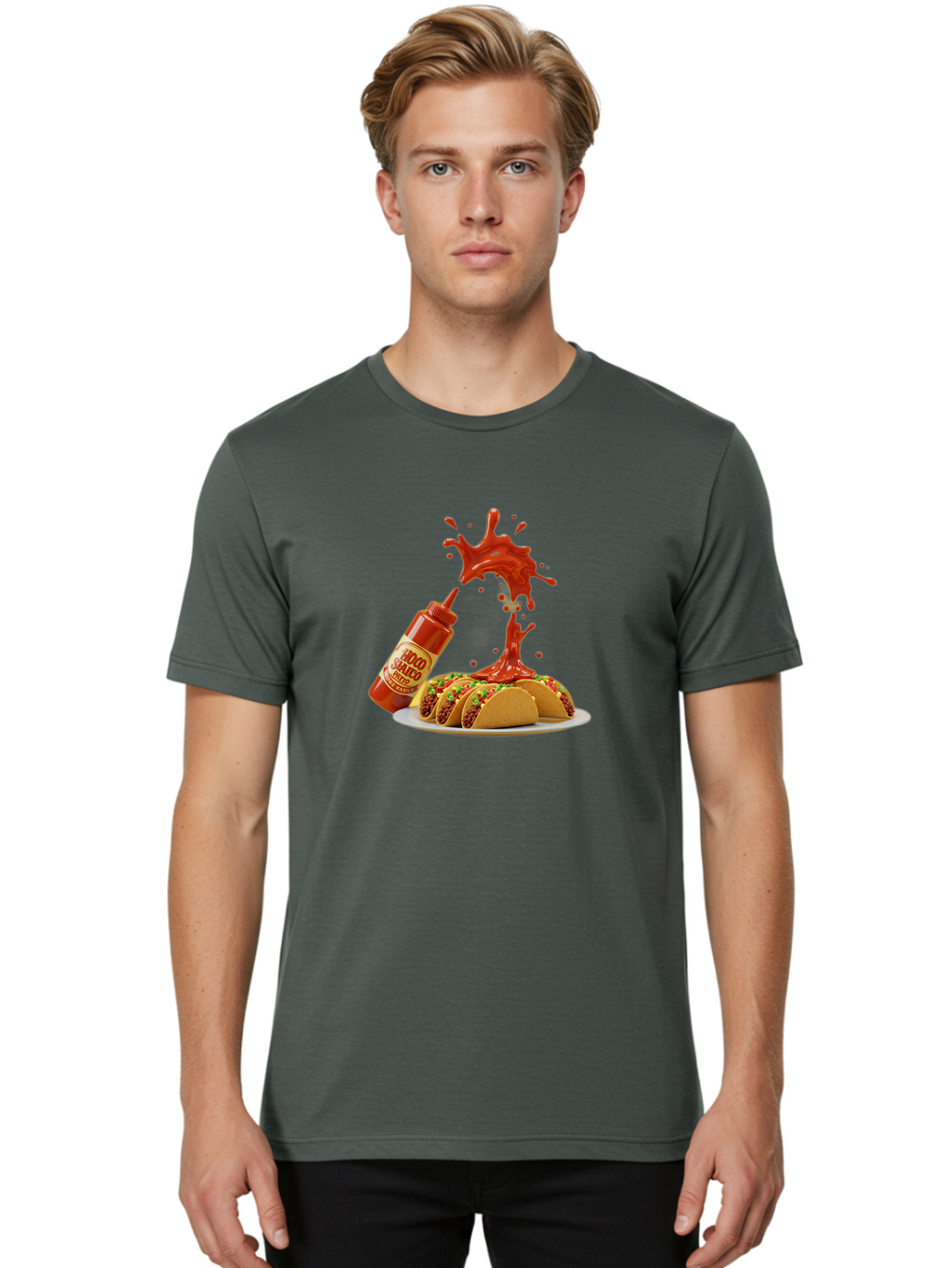 Mojo-Salsa Men'S Graphic Tee, 100% Cotton, Comfortable Casual Summer Wear, Machine Washable, Mad Dog Inferno Sauce, Hot Sauce, Spicy Food, Tacos, Taco Tuesday, Mexican Cuisine, Condiment, Red Sauce, Bold Flavor, Saucy Splatter, Foodie Bab015