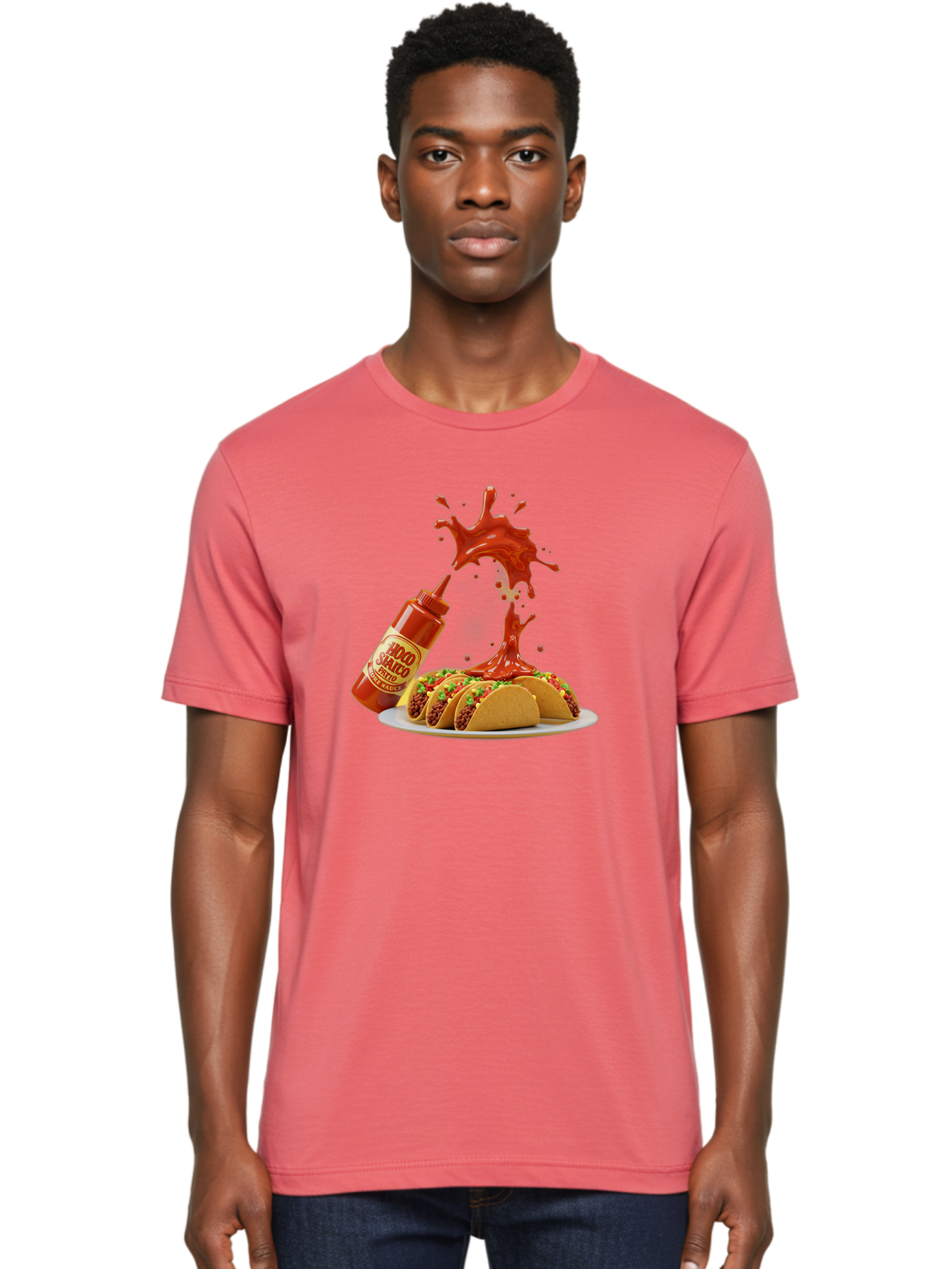 Mojo-Salsa Men'S Graphic Tee, 100% Cotton, Comfortable Casual Summer Wear, Machine Washable, Mad Dog Inferno Sauce, Hot Sauce, Spicy Food, Tacos, Taco Tuesday, Mexican Cuisine, Condiment, Red Sauce, Bold Flavor, Saucy Splatter, Foodie Bab015